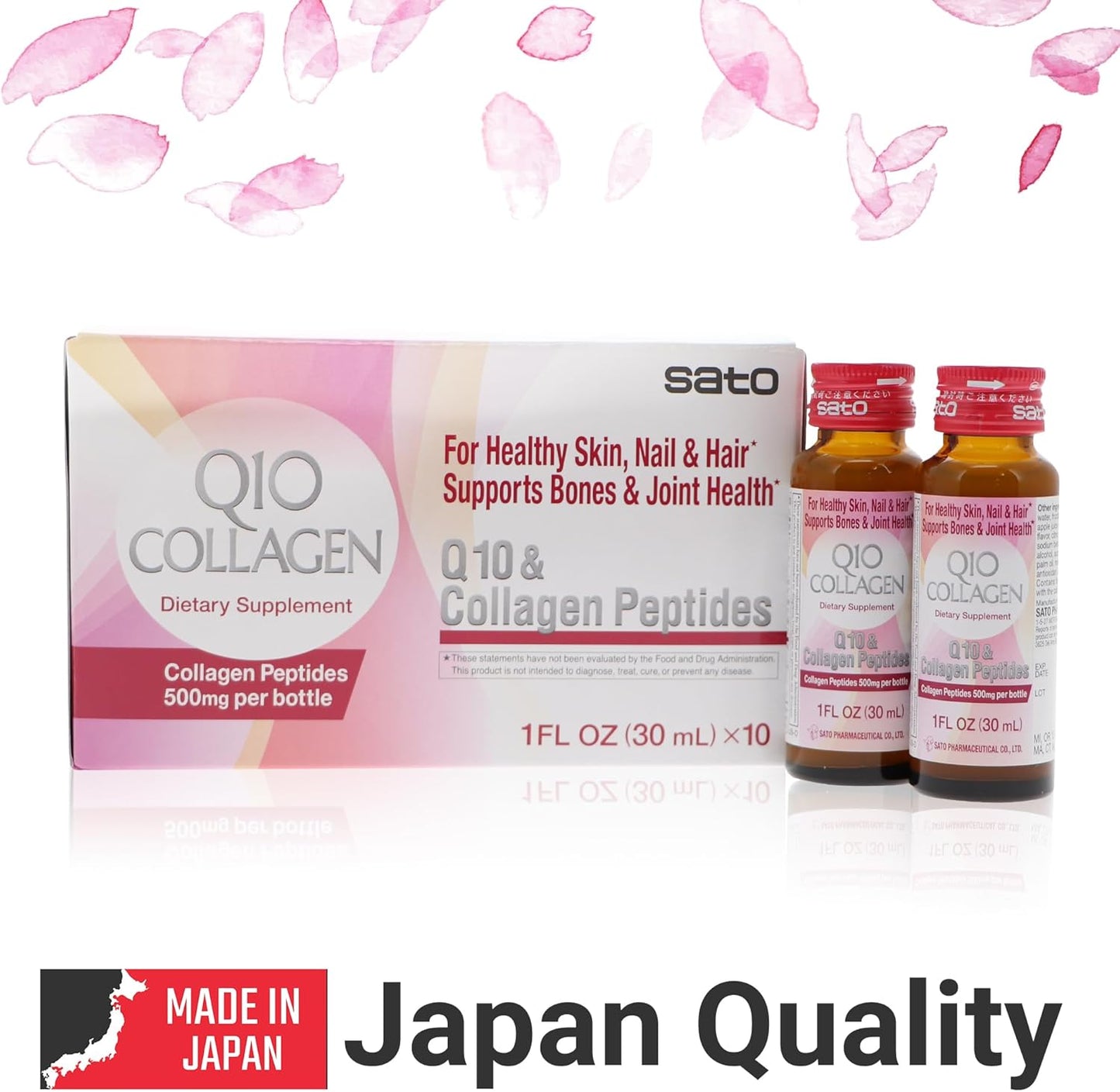 Sato Q10 & Collagen Peptides Supplement for Skin, Nails, Hair, Bones & Joints - 500mg x 10 Bottles - 10 Fl Oz Total - Made in Japan