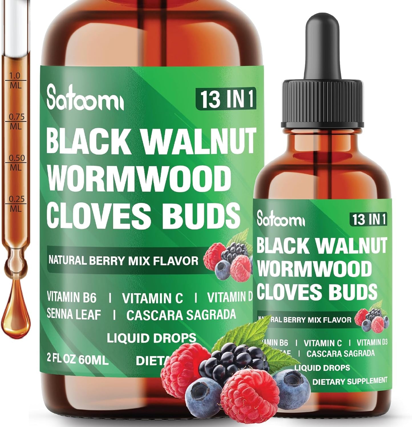Satoomi 13-in-1 Black Walnut Liquid Drops with Vitamins and Herbs - 2 Fl Oz - Berry Mix Flavor - 60 Day Supply