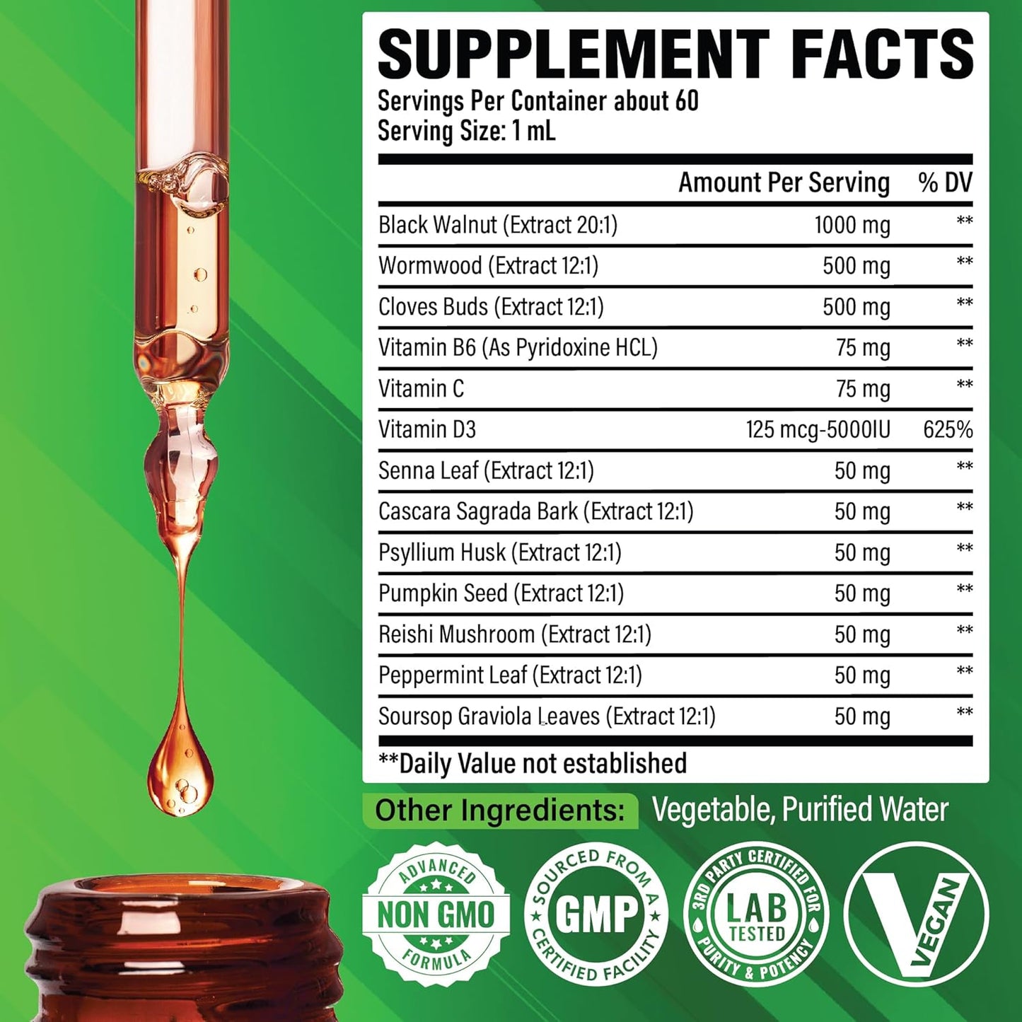 Satoomi 13-in-1 Black Walnut Liquid Drops with Vitamins and Herbs - 2 Fl Oz - Berry Mix Flavor - 60 Day Supply