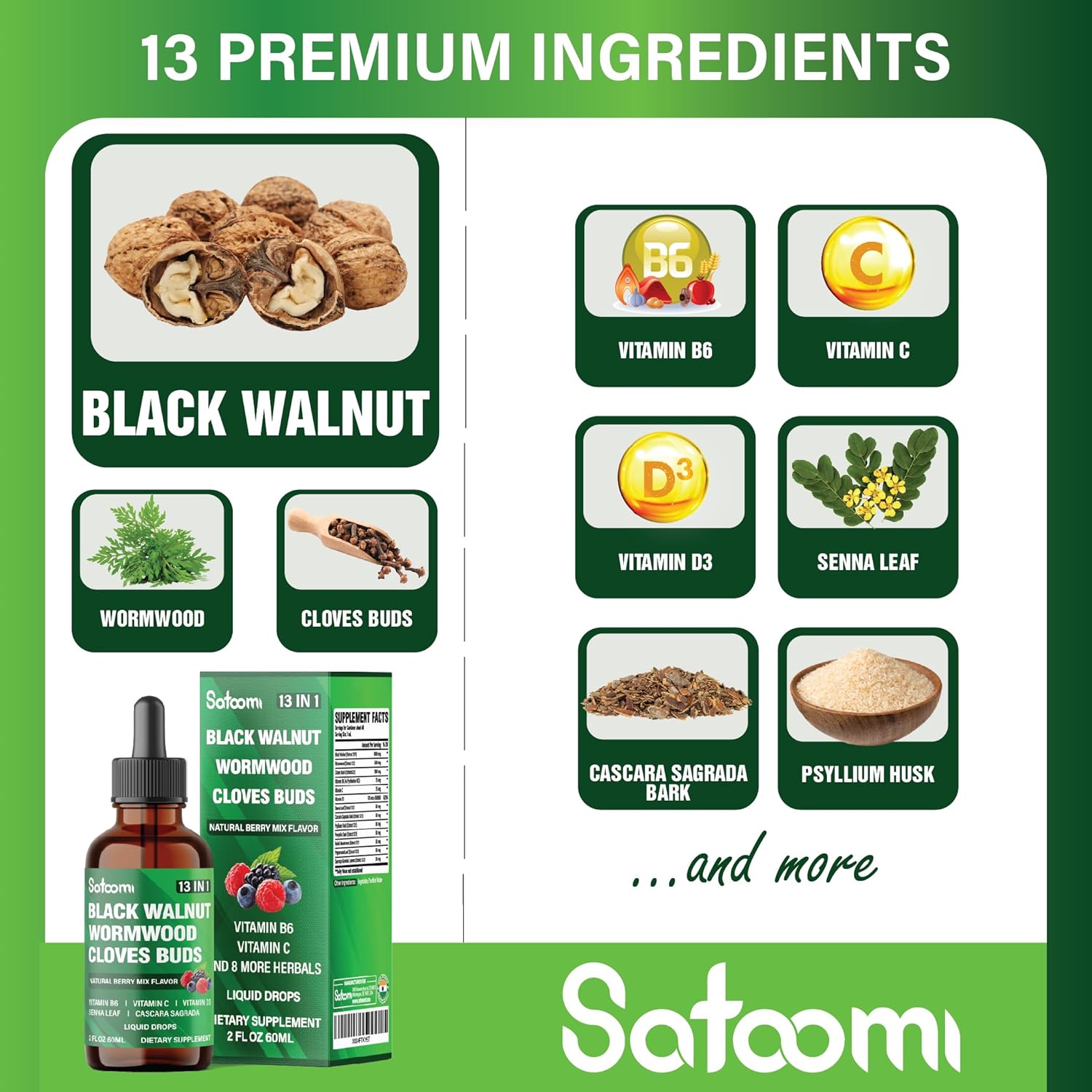 Satoomi 13-in-1 Black Walnut Liquid Drops with Vitamins and Herbs - 2 Fl Oz - Berry Mix Flavor - 60 Day Supply