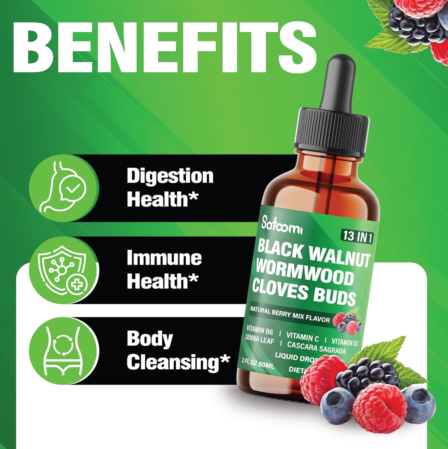 Satoomi 13-in-1 Black Walnut Liquid Drops with Vitamins and Herbs - 2 Fl Oz - Berry Mix Flavor - 60 Day Supply