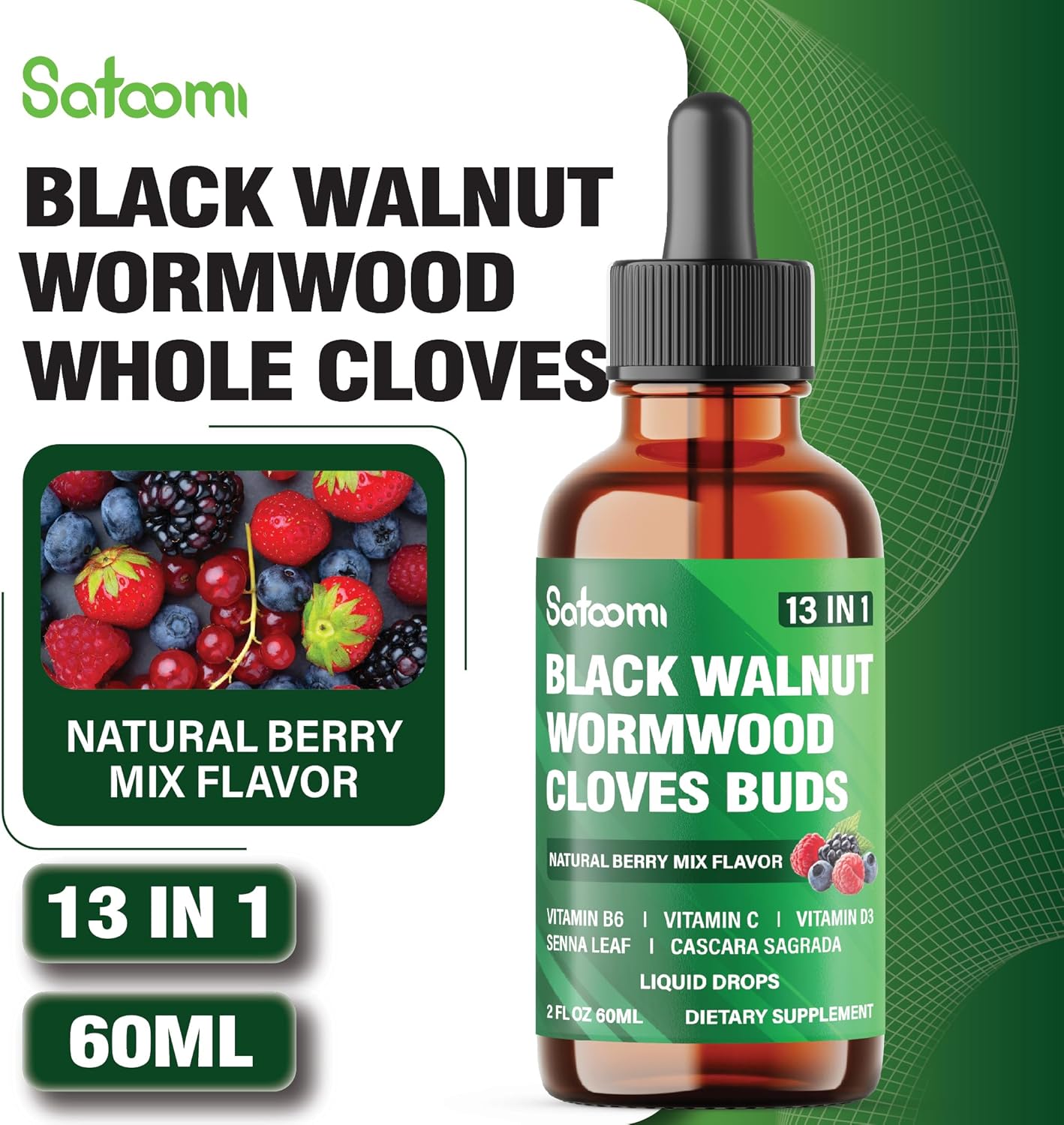 Satoomi 13-in-1 Black Walnut Liquid Drops with Vitamins and Herbs - 2 Fl Oz - Berry Mix Flavor - 60 Day Supply