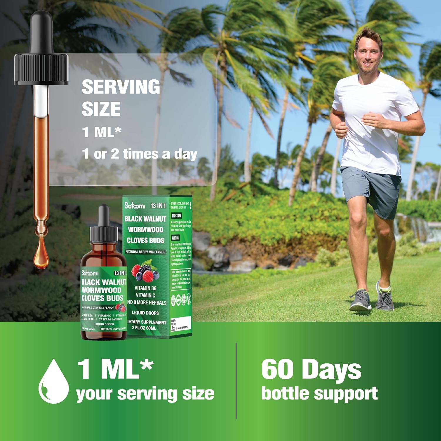 Satoomi 13-in-1 Black Walnut Liquid Drops with Vitamins and Herbs - 2 Fl Oz - Berry Mix Flavor - 60 Day Supply