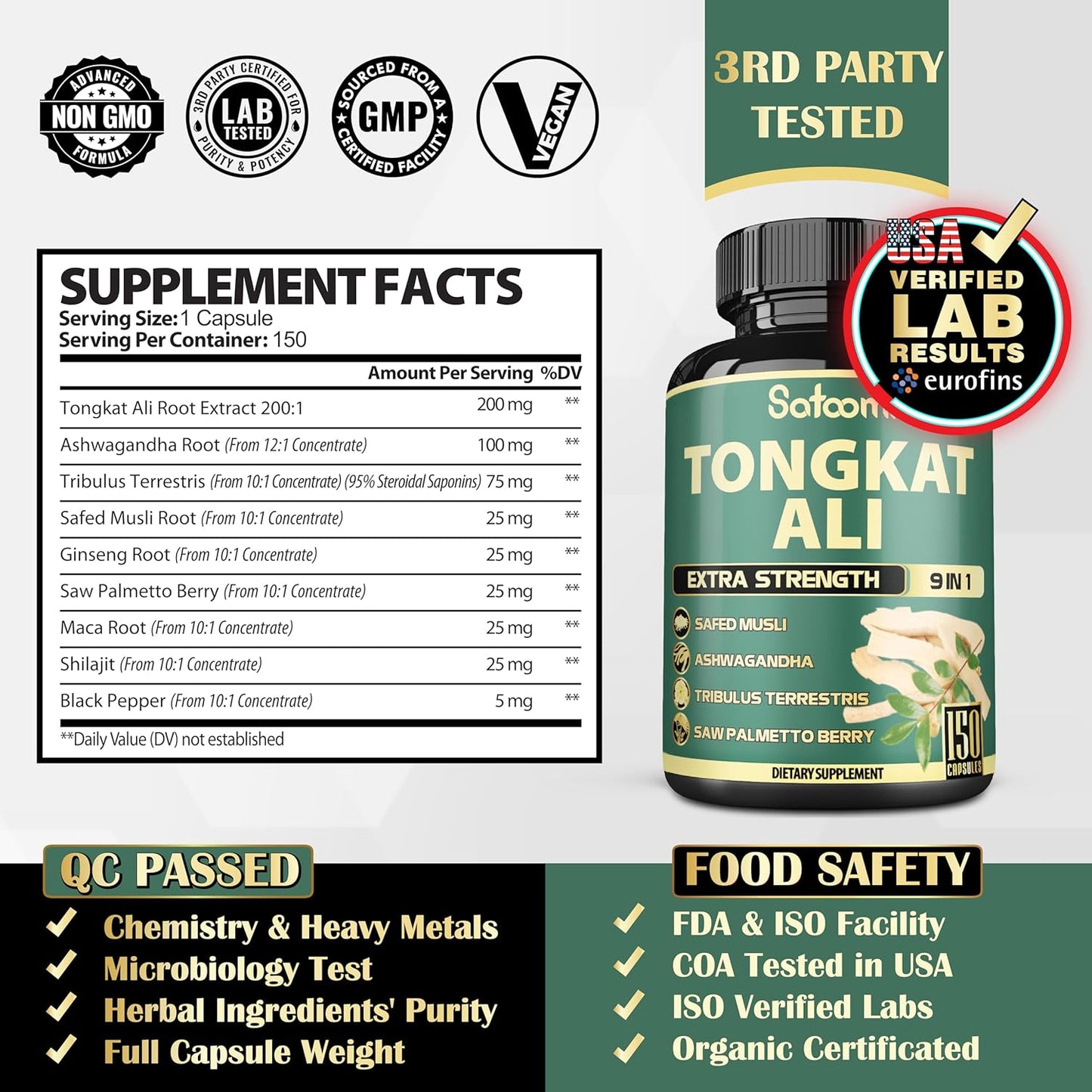 Satoomi 9in1 Tongkat Ali Root Extract 200:1 Capsules - Ashwagandha and Tribulus Terrestris Blend for Strength and Energy - 150 Capsules for 5 Months Supply