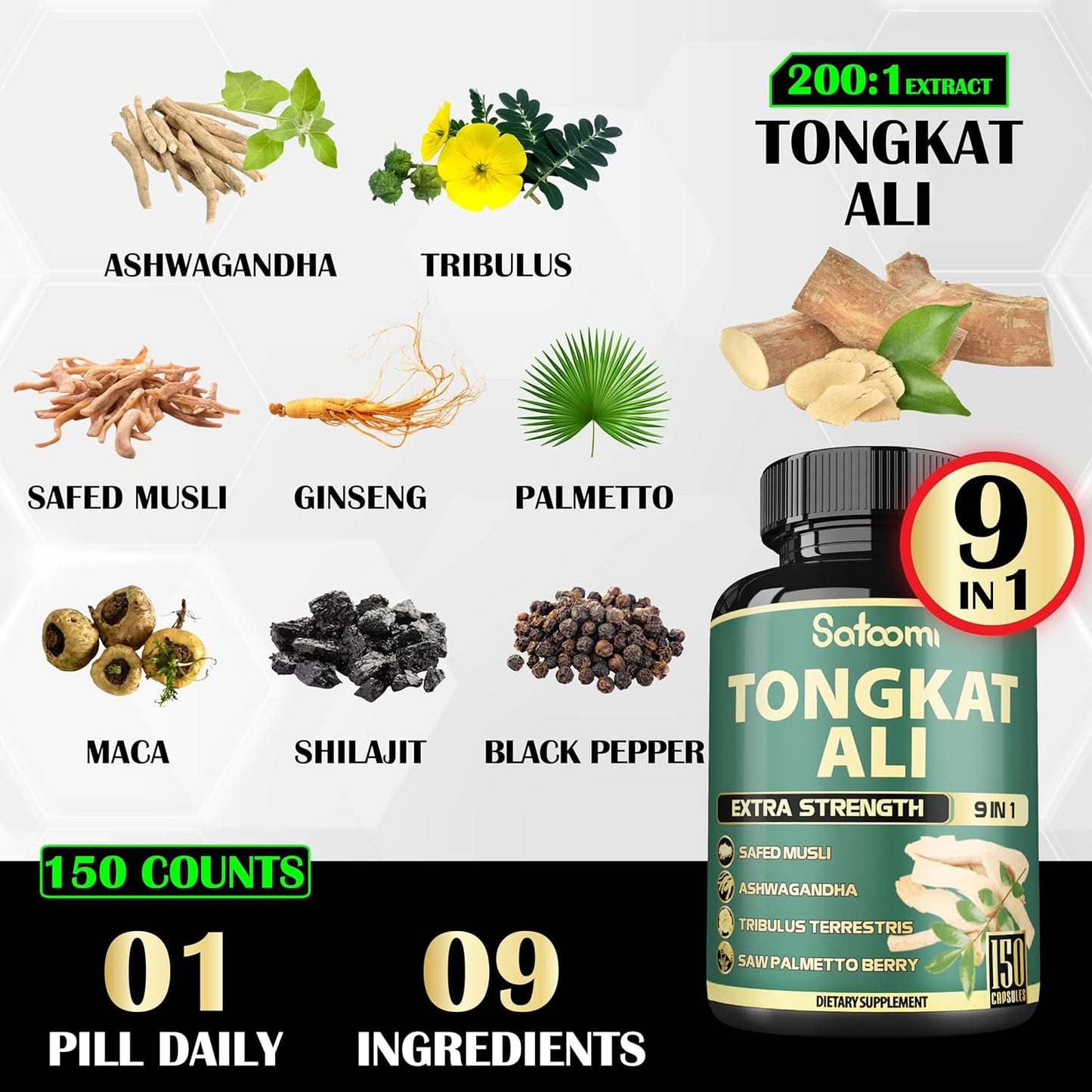 Satoomi 9in1 Tongkat Ali Root Extract 200:1 Capsules - Ashwagandha and Tribulus Terrestris Blend for Strength and Energy - 150 Capsules for 5 Months Supply