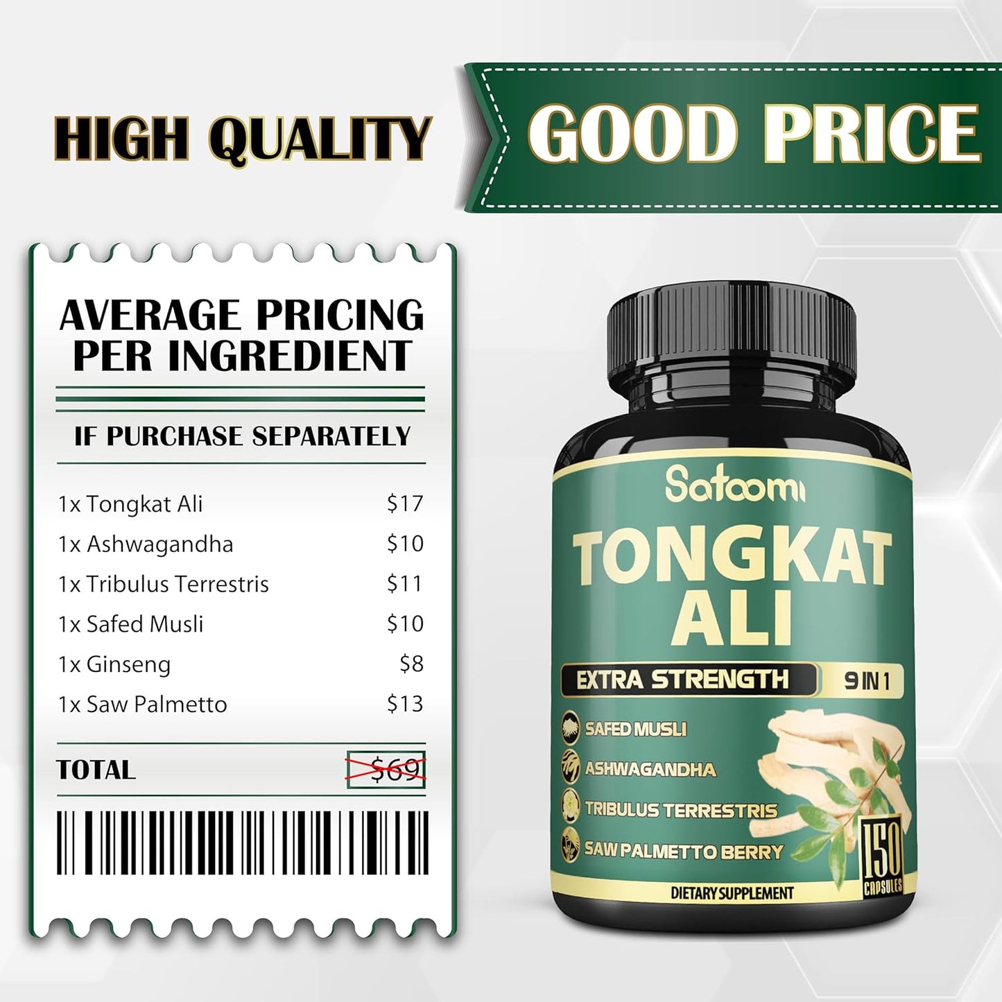 Satoomi 9in1 Tongkat Ali Root Extract 200:1 Capsules - Ashwagandha and Tribulus Terrestris Blend for Strength and Energy - 150 Capsules for 5 Months Supply