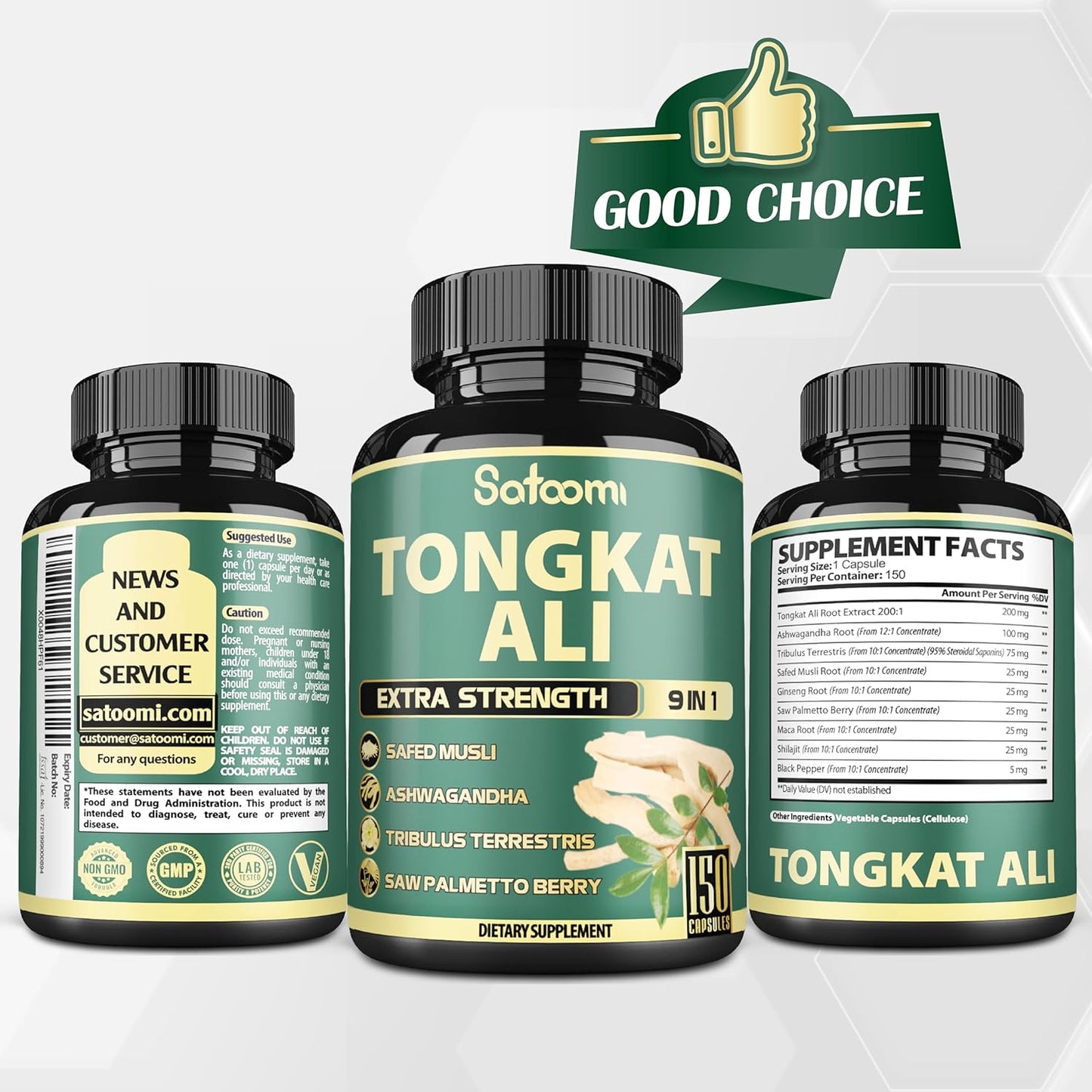 Satoomi 9in1 Tongkat Ali Root Extract 200:1 Capsules - Ashwagandha and Tribulus Terrestris Blend for Strength and Energy - 150 Capsules for 5 Months Supply