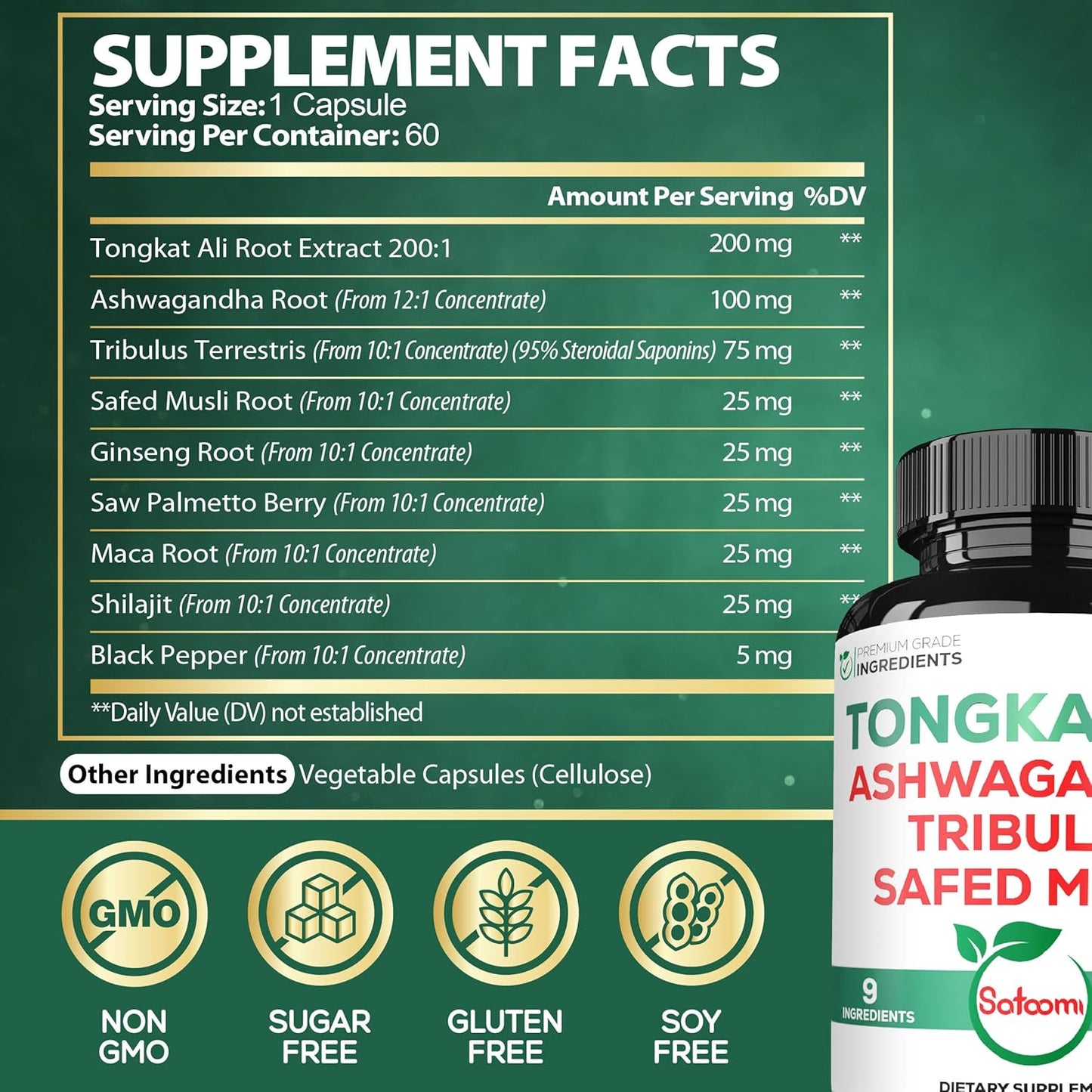 Satoomi Tongkat Ali Root Extract 200:1 with Ashwagandha & Tribulus Terrestris - Boost Strength, Energy, & Immune System - 60 Vegan Capsules for 2 Months