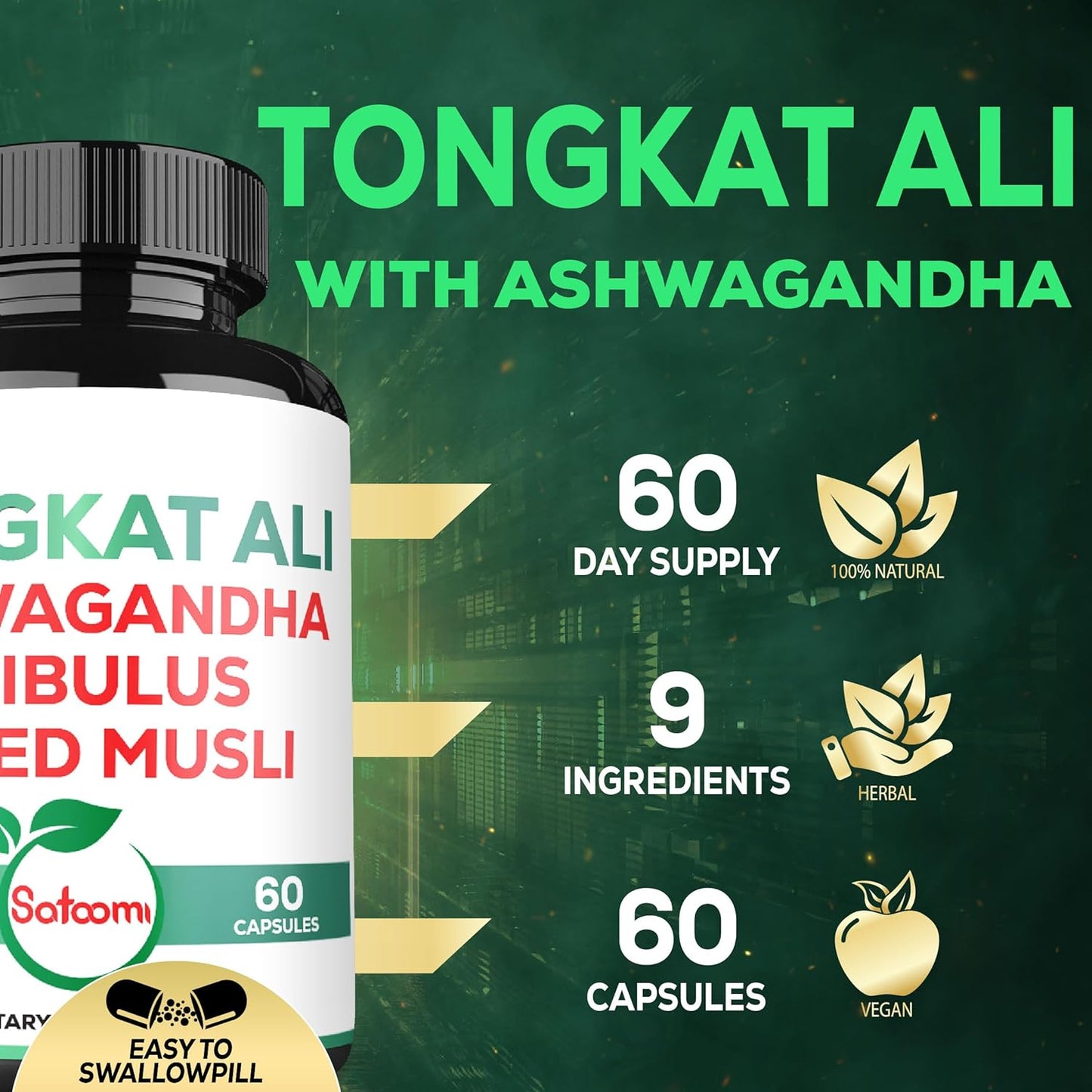 Satoomi Tongkat Ali Root Extract 200:1 with Ashwagandha & Tribulus Terrestris - Boost Strength, Energy, & Immune System - 60 Vegan Capsules for 2 Months