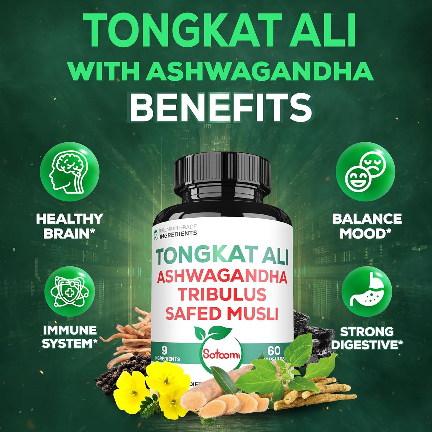 Satoomi Tongkat Ali Root Extract 200:1 with Ashwagandha & Tribulus Terrestris - Boost Strength, Energy, & Immune System - 60 Vegan Capsules for 2 Months