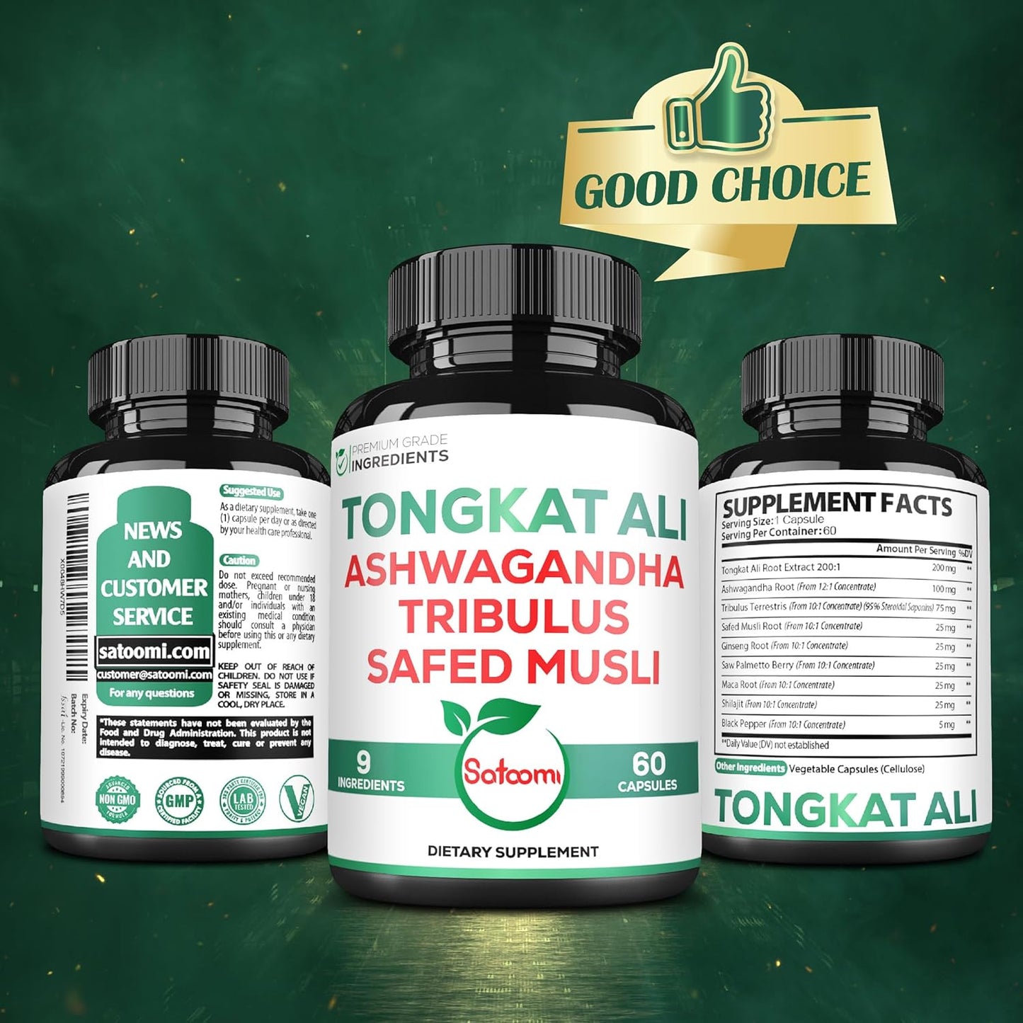 Satoomi Tongkat Ali Root Extract 200:1 with Ashwagandha & Tribulus Terrestris - Boost Strength, Energy, & Immune System - 60 Vegan Capsules for 2 Months