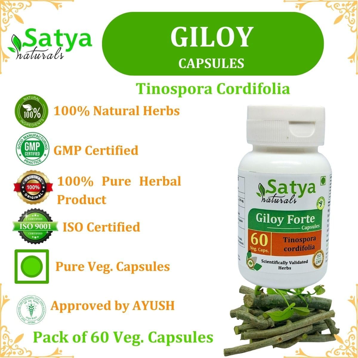 Satya Naturals Giloy Forte Capsules 500mg - 120 Veg Capsules, Guduchi Extract for Men and Women, Ayurvedic Herbal Supplement