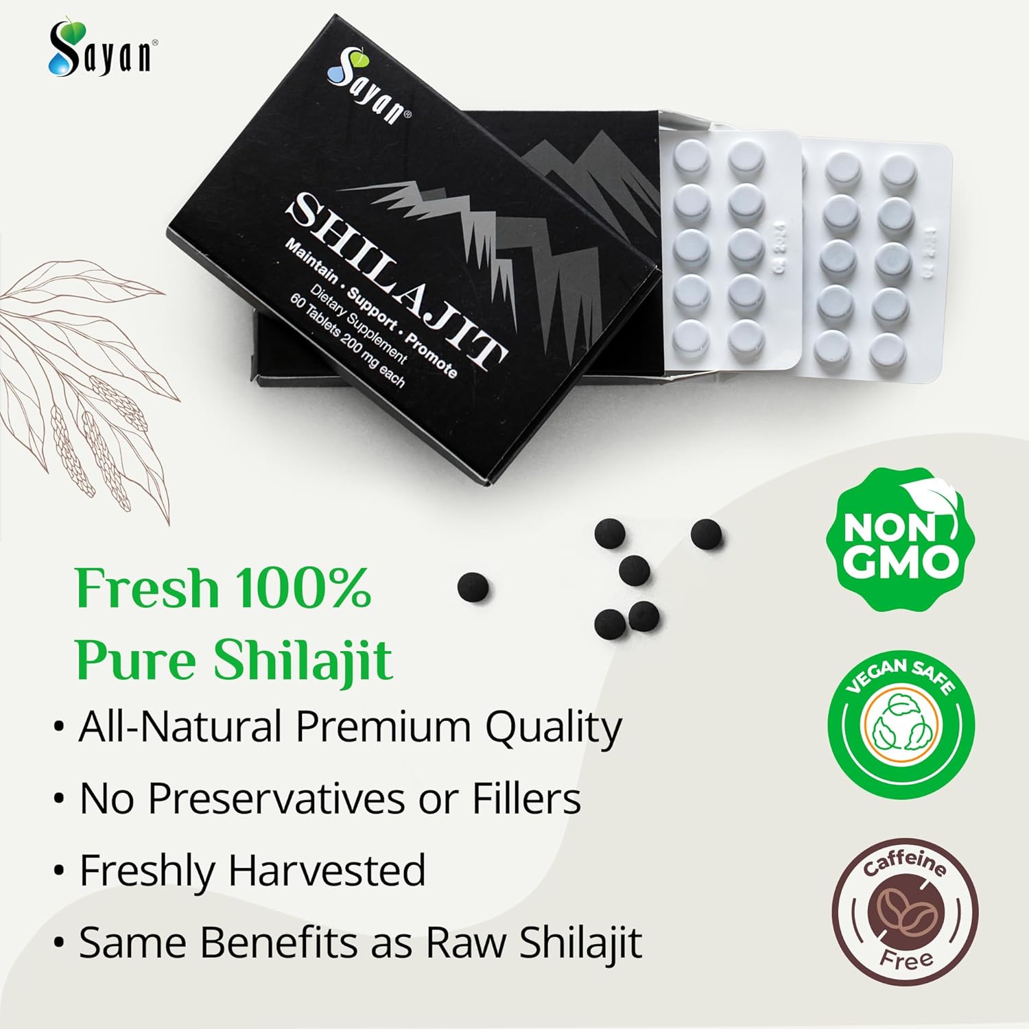 Sayan High-Potency 100% Pure Shilajit Tablets with 12,000mg Supplement - 60 Tablets, 85+ Trace Minerals - Lab-Tested for Purity - 1-2 Month Supply