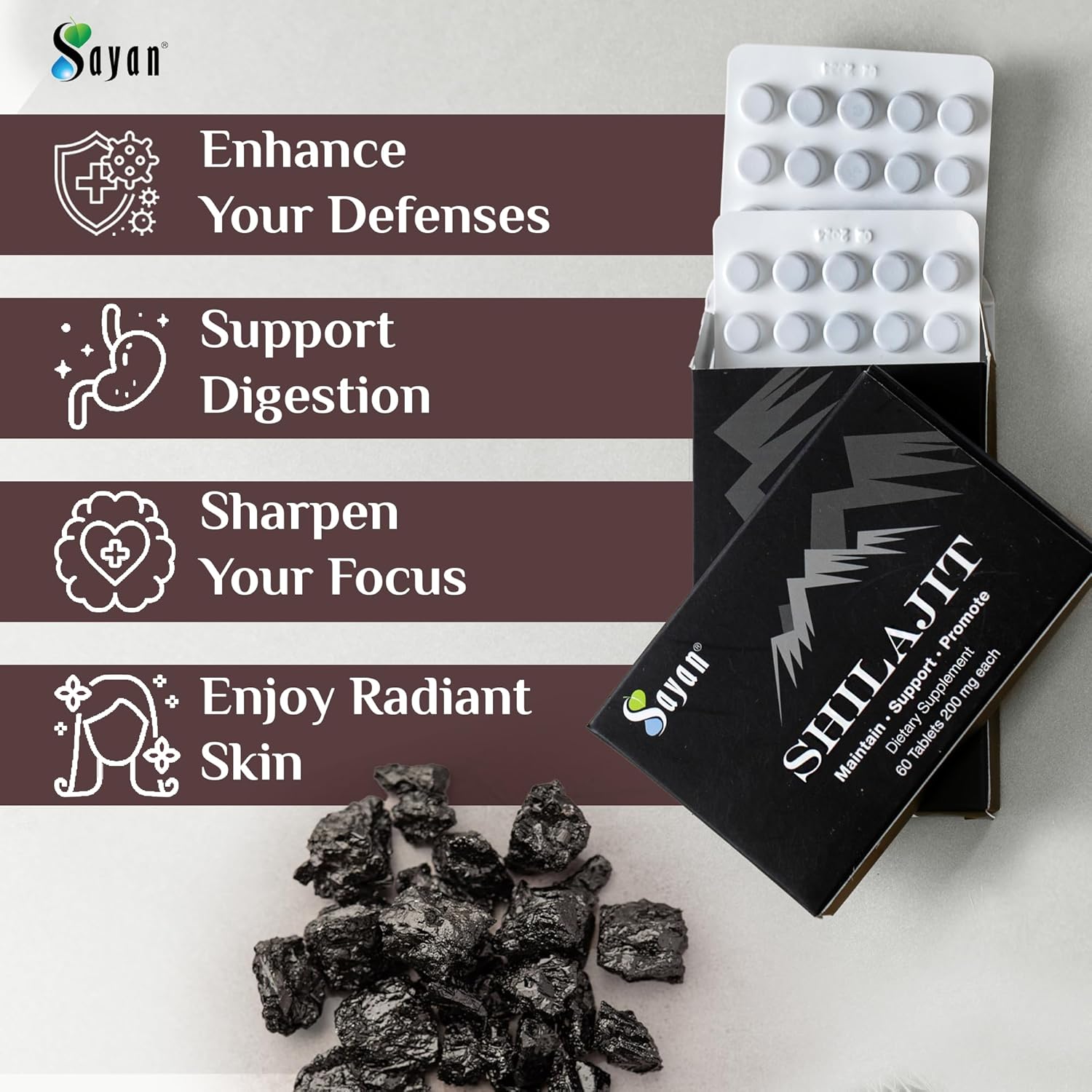 Sayan High-Potency 100% Pure Shilajit Tablets with 12,000mg Supplement - 60 Tablets, 85+ Trace Minerals - Lab-Tested for Purity - 1-2 Month Supply