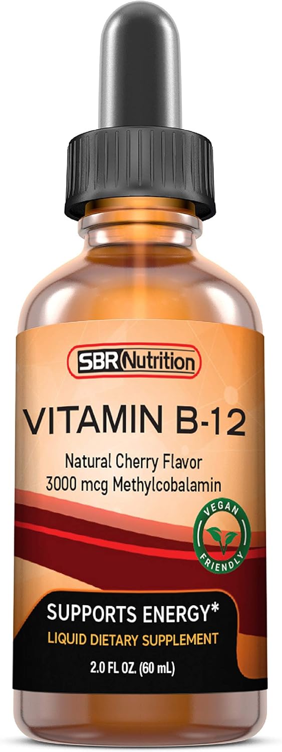 SBR Nutrition Vitamin B12 Liquid Drops - Methylcobalamin, 3000mcg, Energy Support, High Absorption, 60 Servings, Non-GMO, Vegan, USA Made