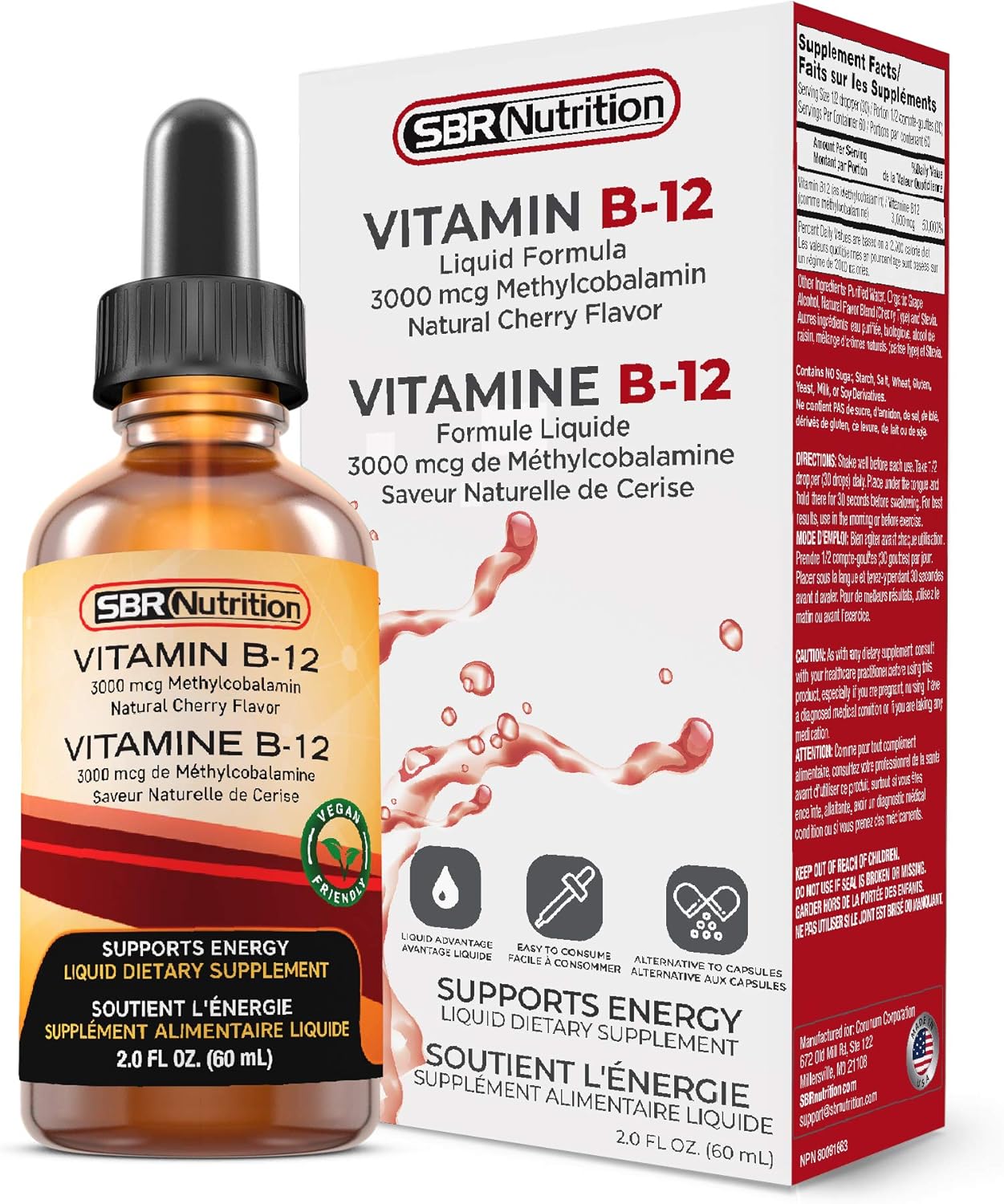 SBR Nutrition Vitamin B12 Liquid Drops - Methylcobalamin, 3000mcg, Energy Support, High Absorption, 60 Servings, Non-GMO, Vegan, USA Made