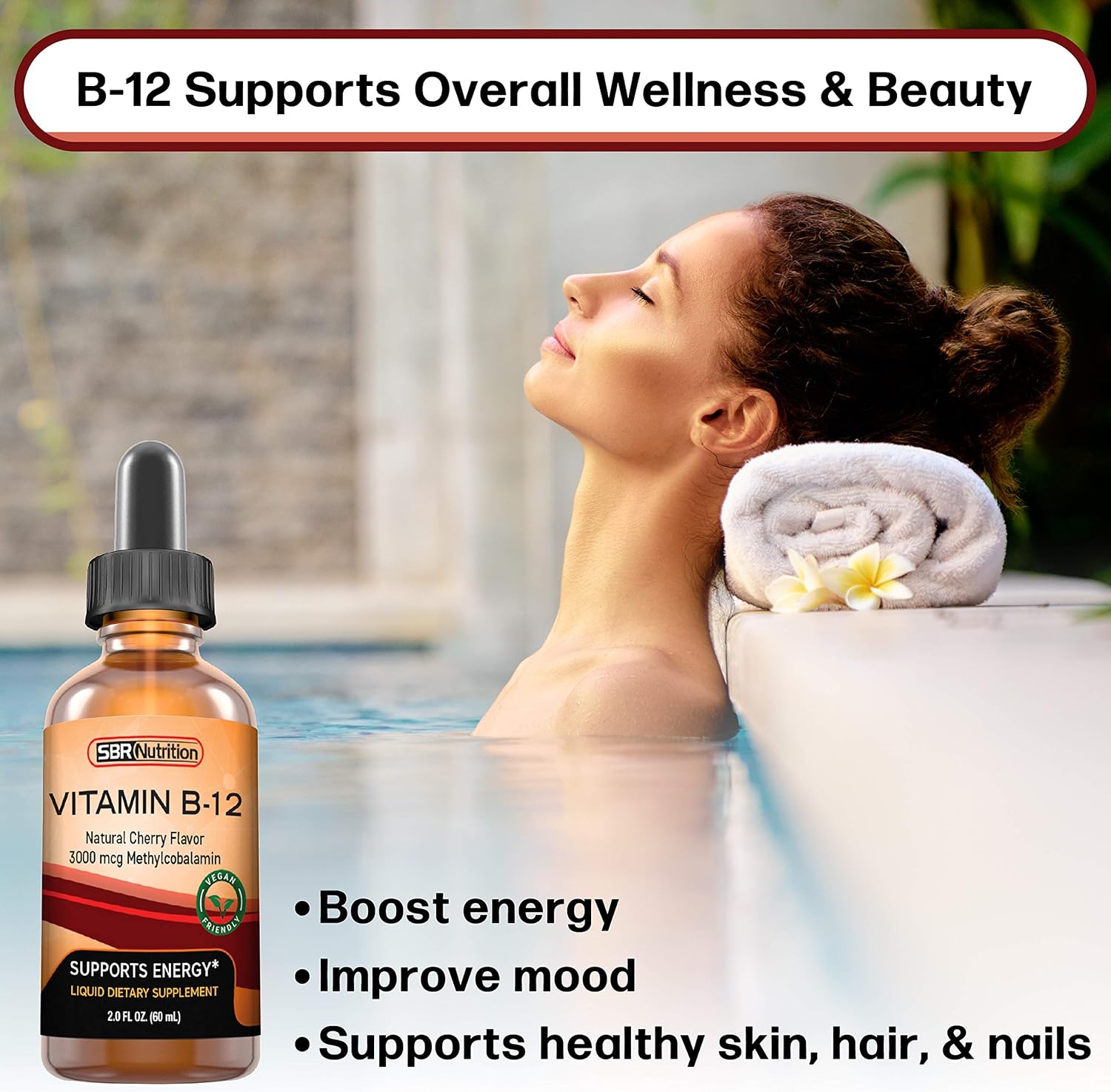 SBR Nutrition Vitamin B12 Liquid Drops - Methylcobalamin, 3000mcg, Energy Support, High Absorption, 60 Servings, Non-GMO, Vegan, USA Made