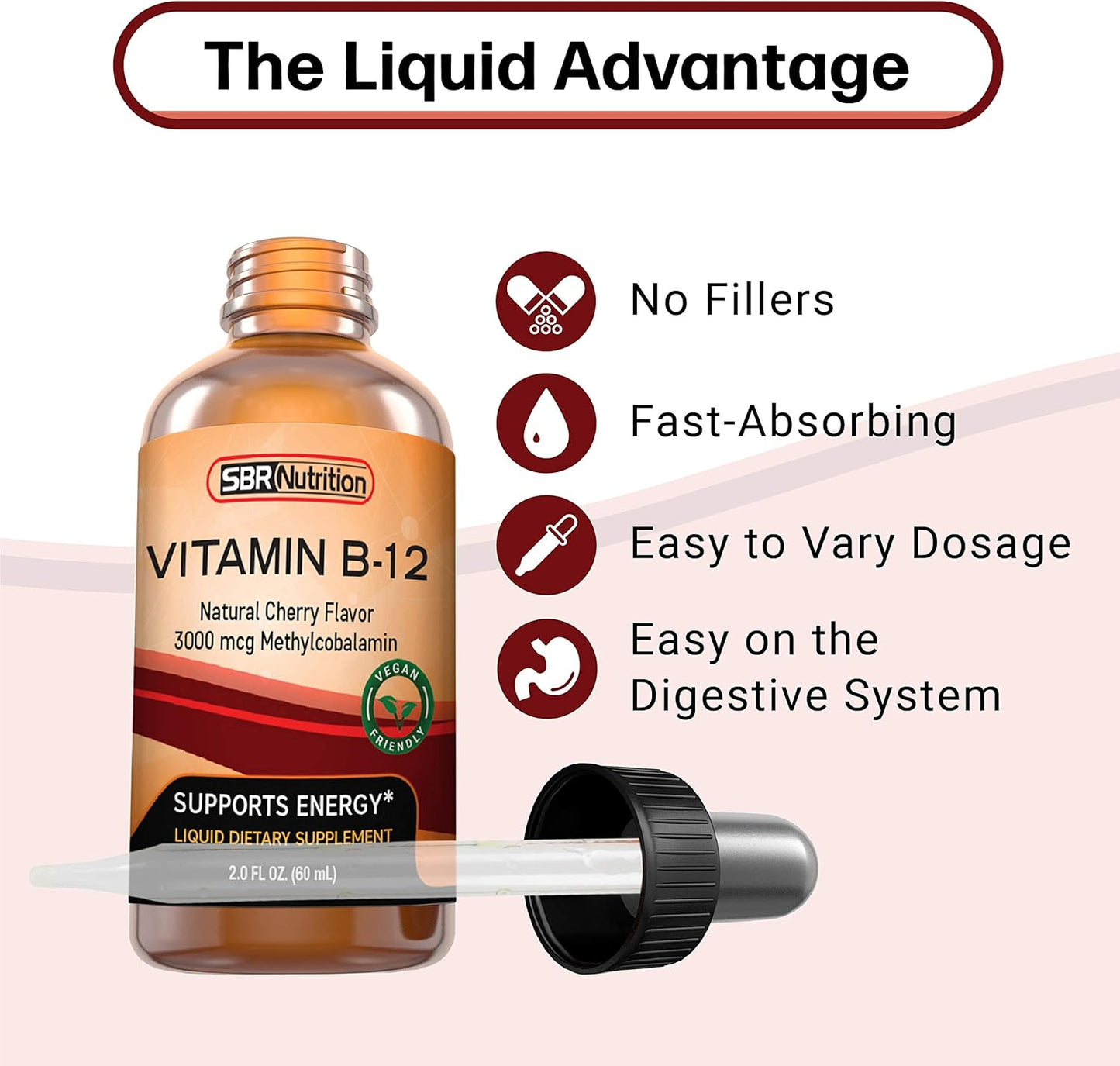SBR Nutrition Vitamin B12 Liquid Drops - Methylcobalamin, 3000mcg, Energy Support, High Absorption, 60 Servings, Non-GMO, Vegan, USA Made