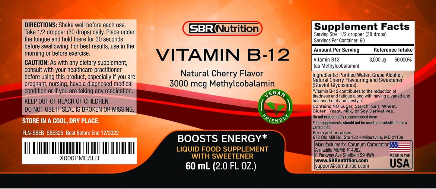 SBR Nutrition Vitamin B12 Liquid Drops - Methylcobalamin, 3000mcg, Energy Support, High Absorption, 60 Servings, Non-GMO, Vegan, USA Made