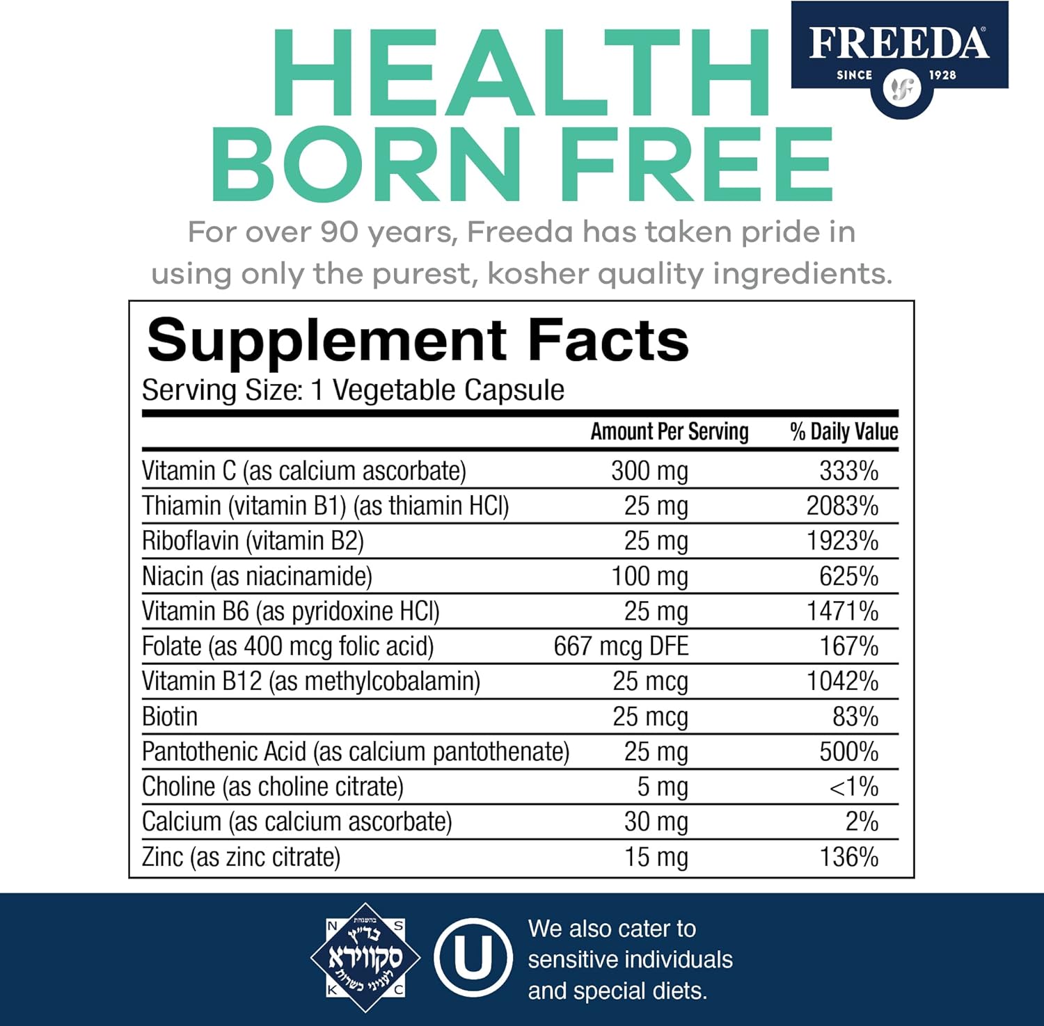 SCD Legal Vitamin B Complex with Vitamin C, Zinc - 250 Vegetarian Capsules - Daily Health Support for SCD Diet Followers