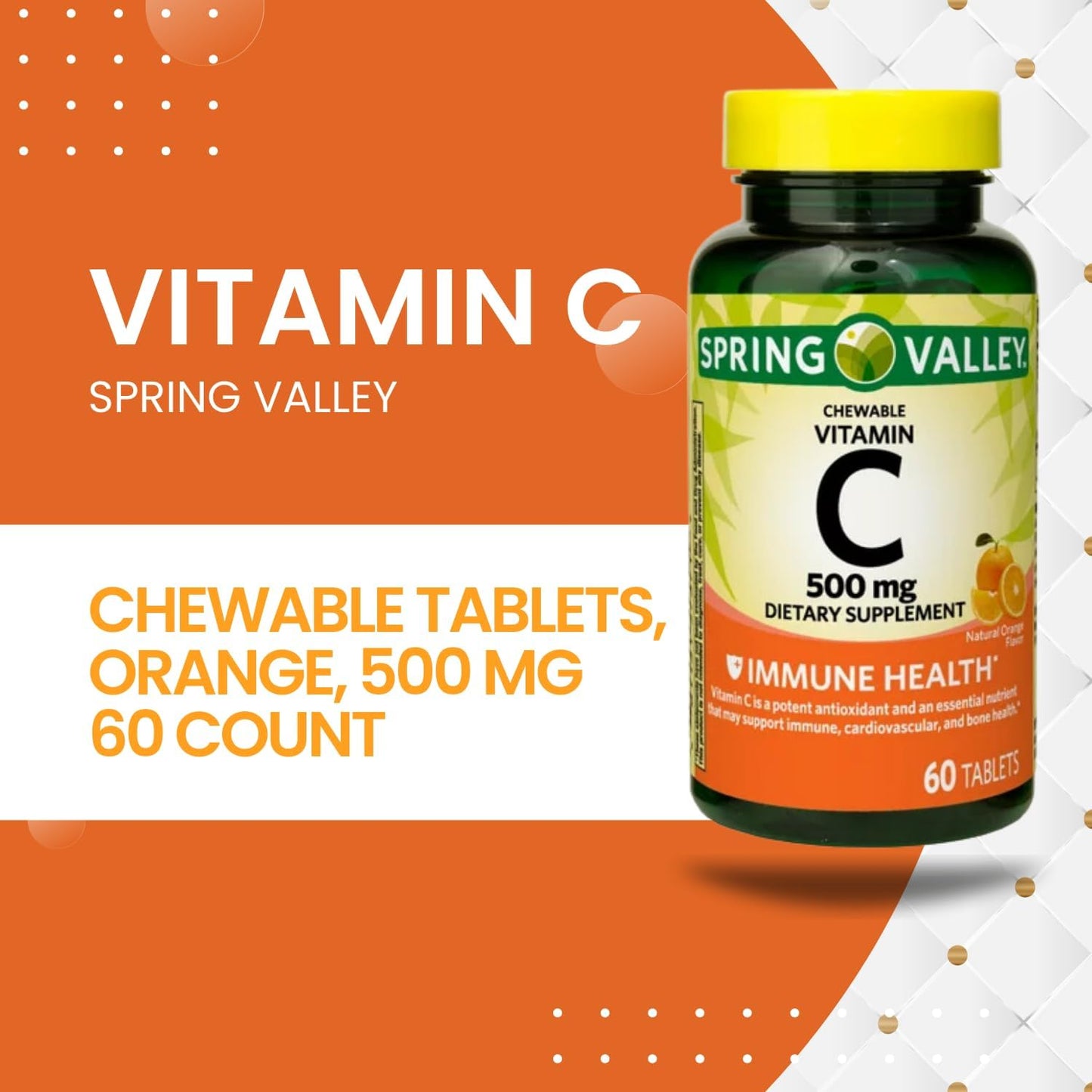 Schmidt Empire Spring Valley Orange Chewable Vitamin C Tablets 500mg - Immune Health Supplement, 60 Count