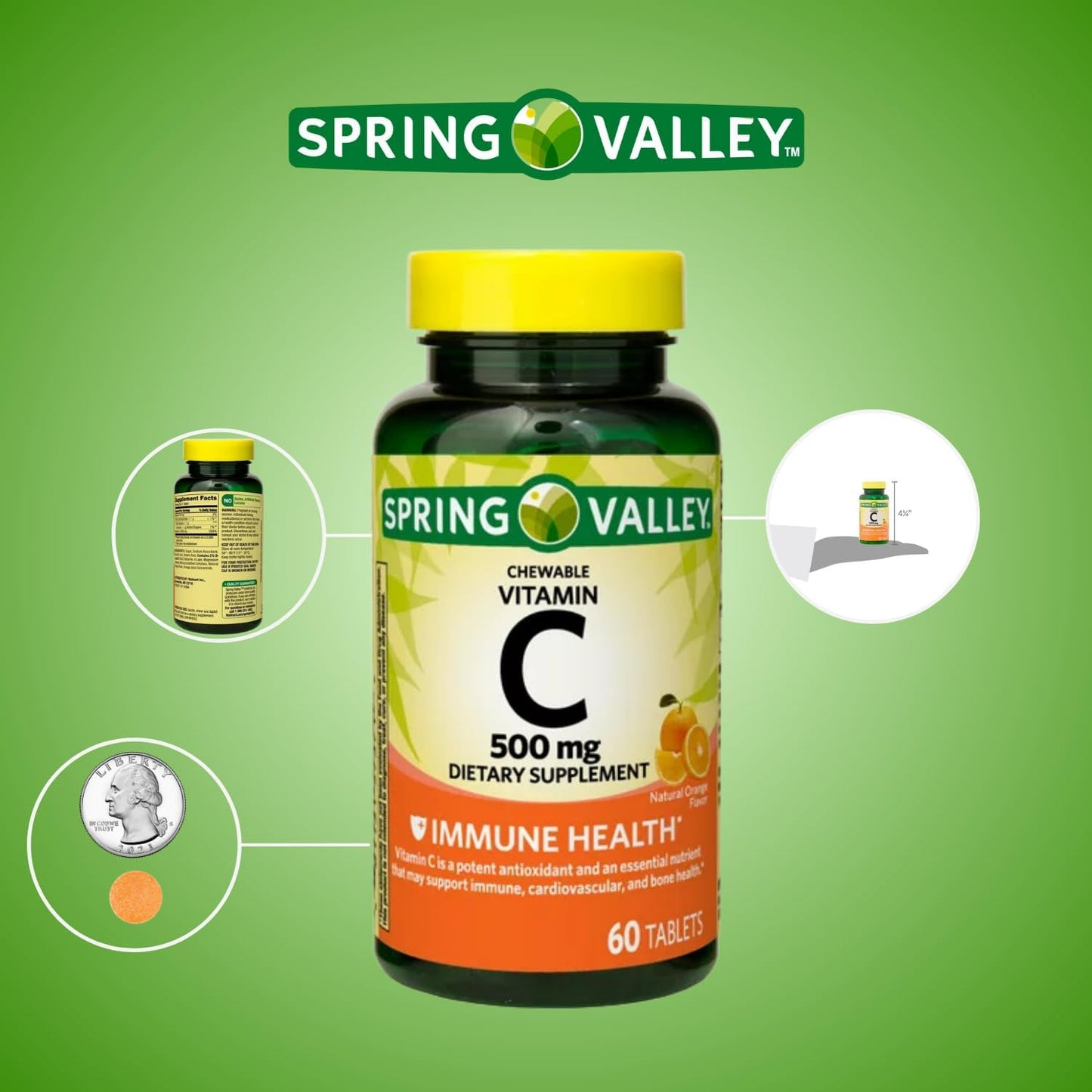 Schmidt Empire Spring Valley Orange Chewable Vitamin C Tablets 500mg - Immune Health Supplement, 60 Count
