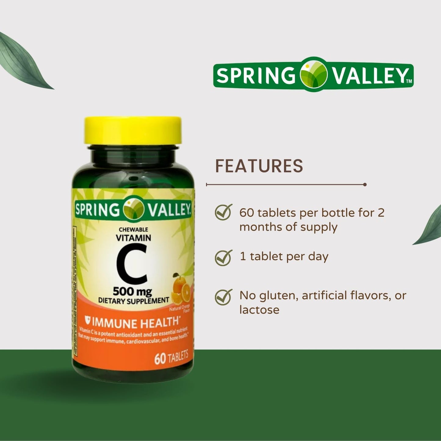 Schmidt Empire Spring Valley Orange Chewable Vitamin C Tablets 500mg - Immune Health Supplement, 60 Count