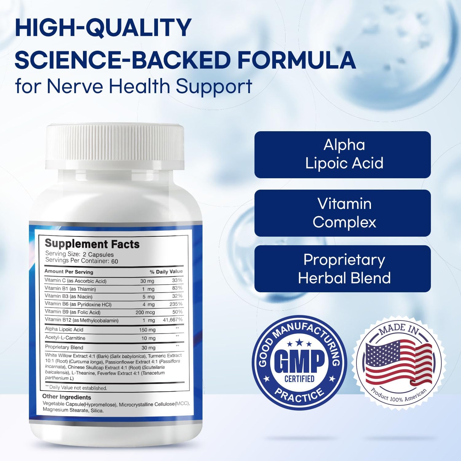 Sciatic Nerve Relief Supplement with Alpha Lipoic Acid & Vitamin Complex - 60 Capsules, Made in USA for Nerve Discomfort