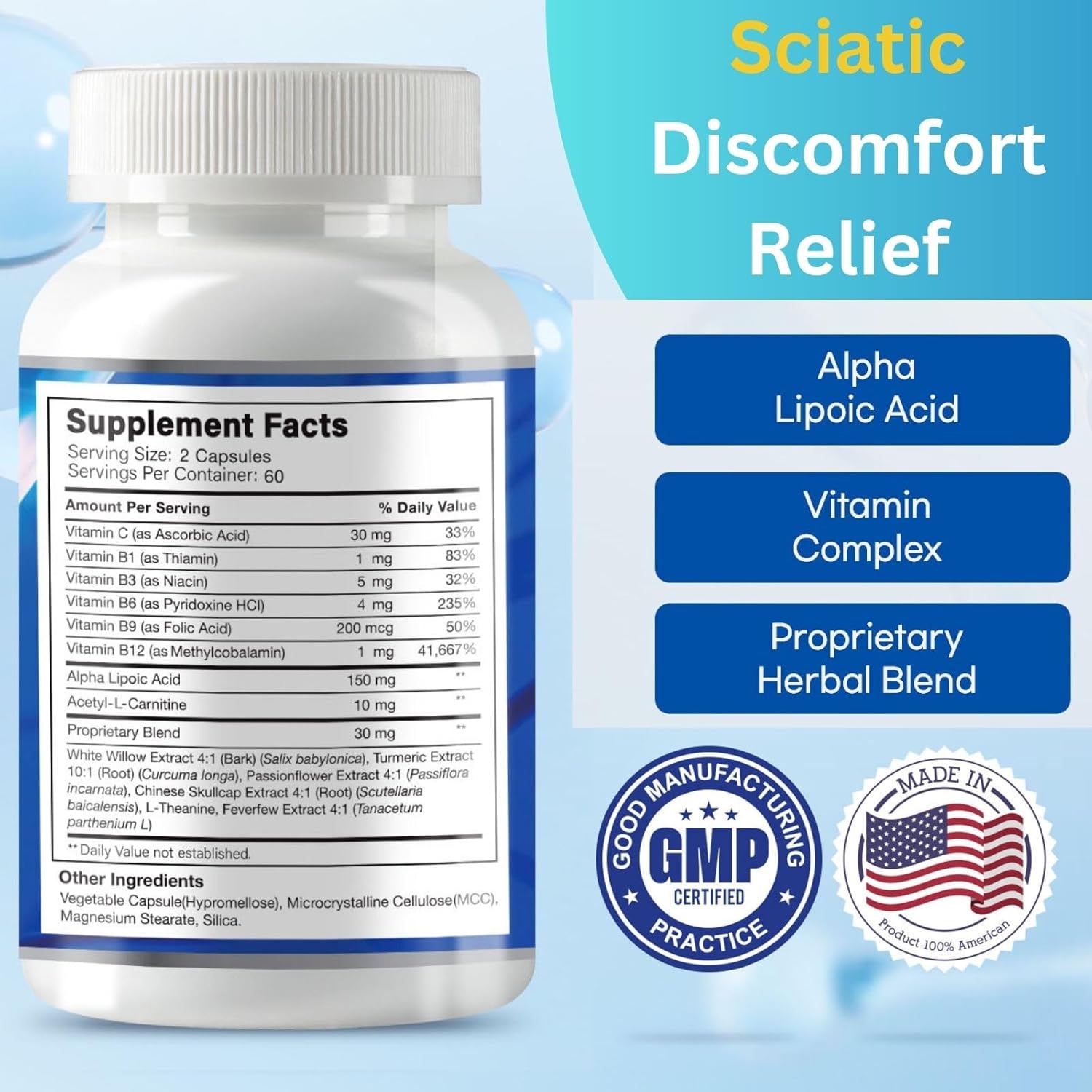 Sciatica Nerve Relief Supplement - Soothes Aches, Boosts Flexibility - 120 Capsules, ALA, Herbal & Vitamin C - Fast Absorbing, USA Made