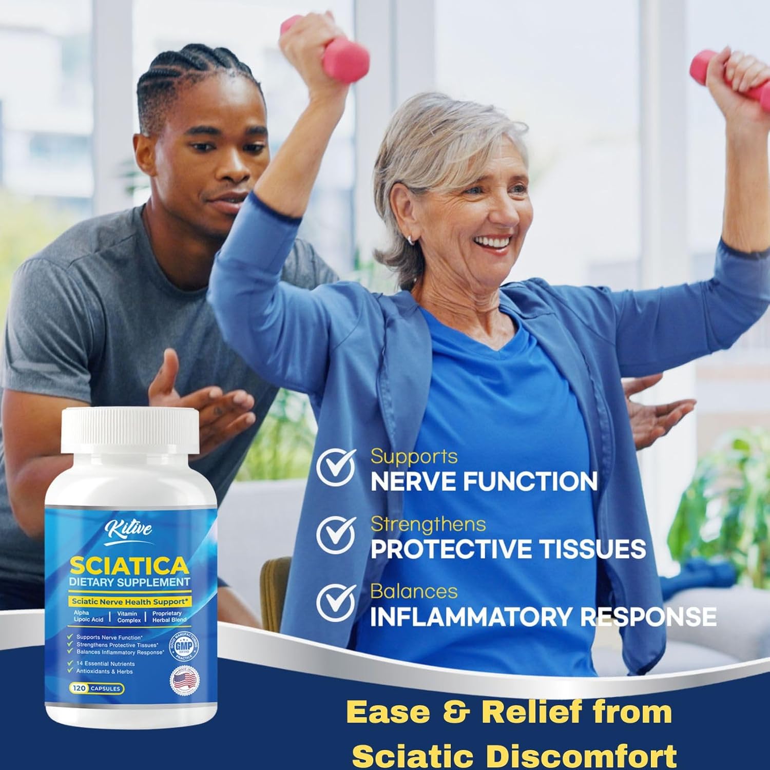 Sciatica Nerve Relief Supplement - Soothes Aches, Boosts Flexibility - 120 Capsules, ALA, Herbal & Vitamin C - Fast Absorbing, USA Made
