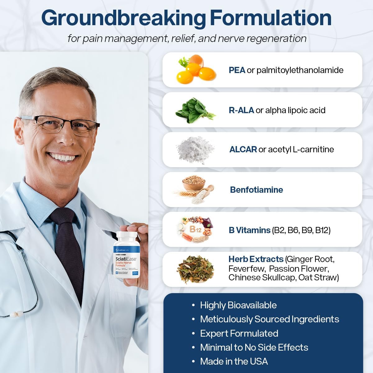 SciatiEase Supplement for Sciatic Nerve Health - Nerve Support Formula with AlphaPalm, Pea, Vitamin B Complex, Alpha Lipoic Acid - 120 Capsules