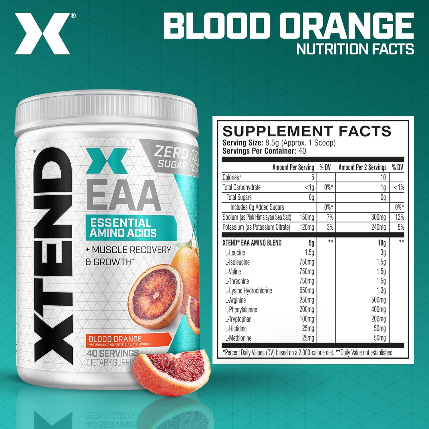 Scivation XTEND EAA + BCAA Powder - Blood Orange Flavor - 40 Servings - 10g EAAs - Muscle Recovery & Growth - Intra/Post Workout