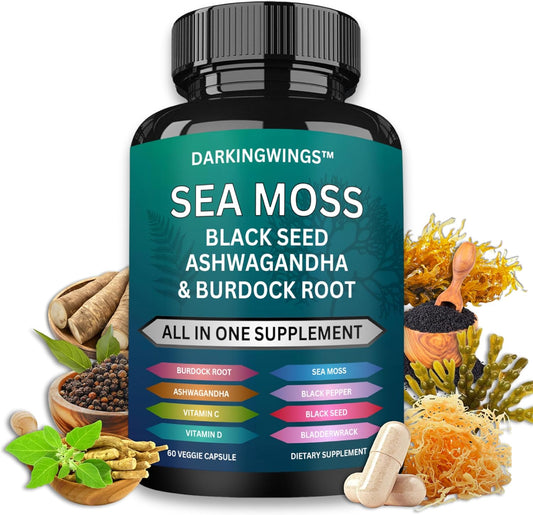 Sea Moss Advanced Supplement with Black Seed Oil, Ashwagandha, Bladderwrack, Burdock, Vitamins C&D - Immunity Support & Overall Health - 60 Capsules