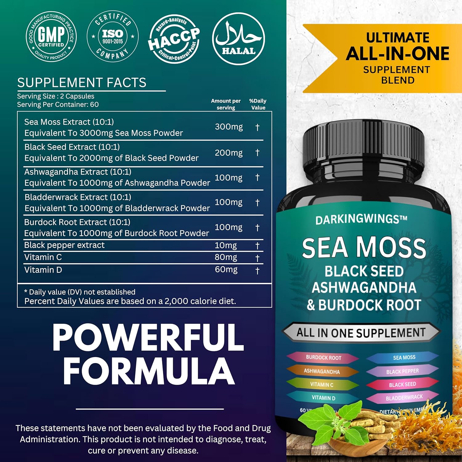 Sea Moss Advanced Supplement with Black Seed Oil, Ashwagandha, Bladderwrack, Burdock, Vitamins C&D - Immunity Support & Overall Health - 60 Capsules