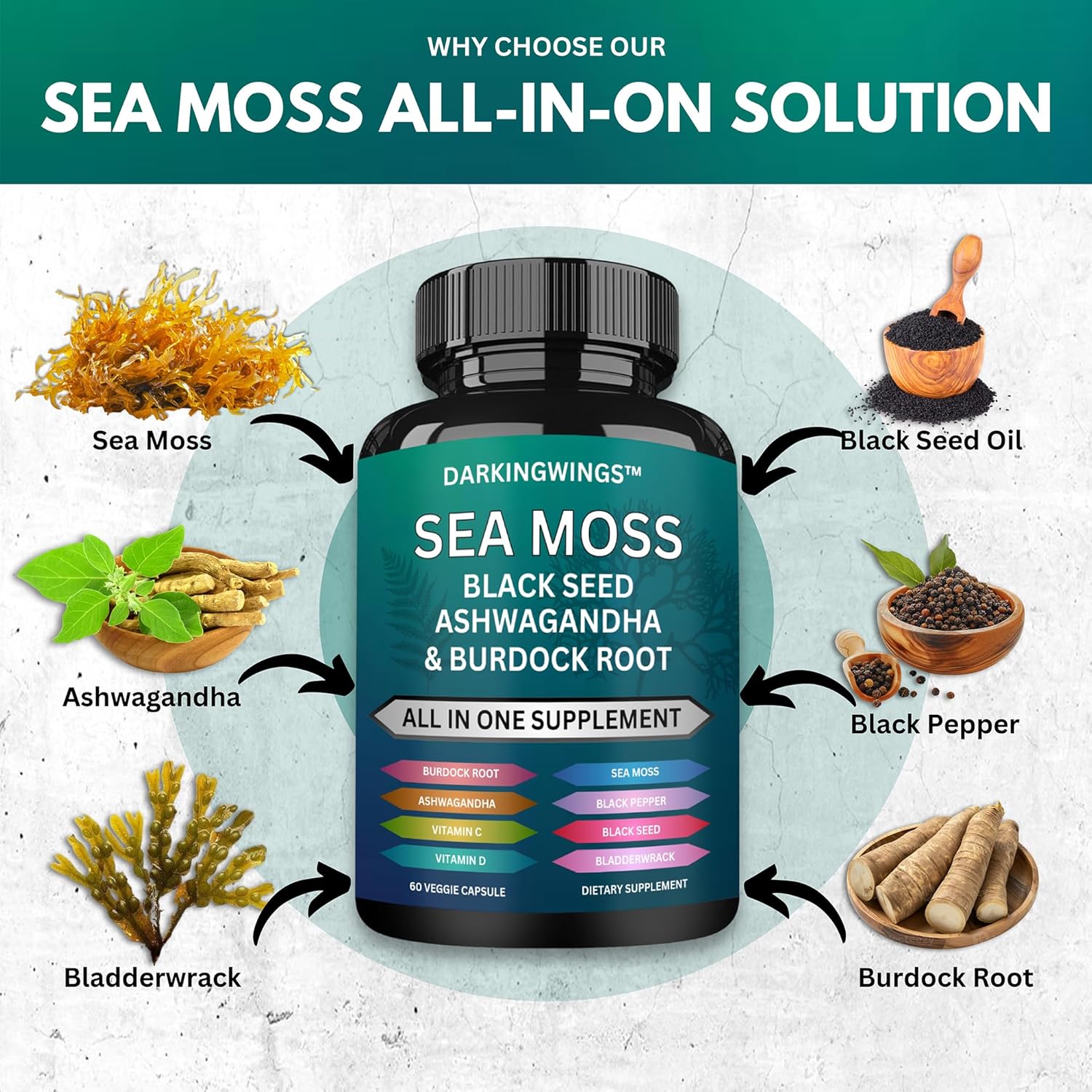 Sea Moss Advanced Supplement with Black Seed Oil, Ashwagandha, Bladderwrack, Burdock, Vitamins C&D - Immunity Support & Overall Health - 60 Capsules