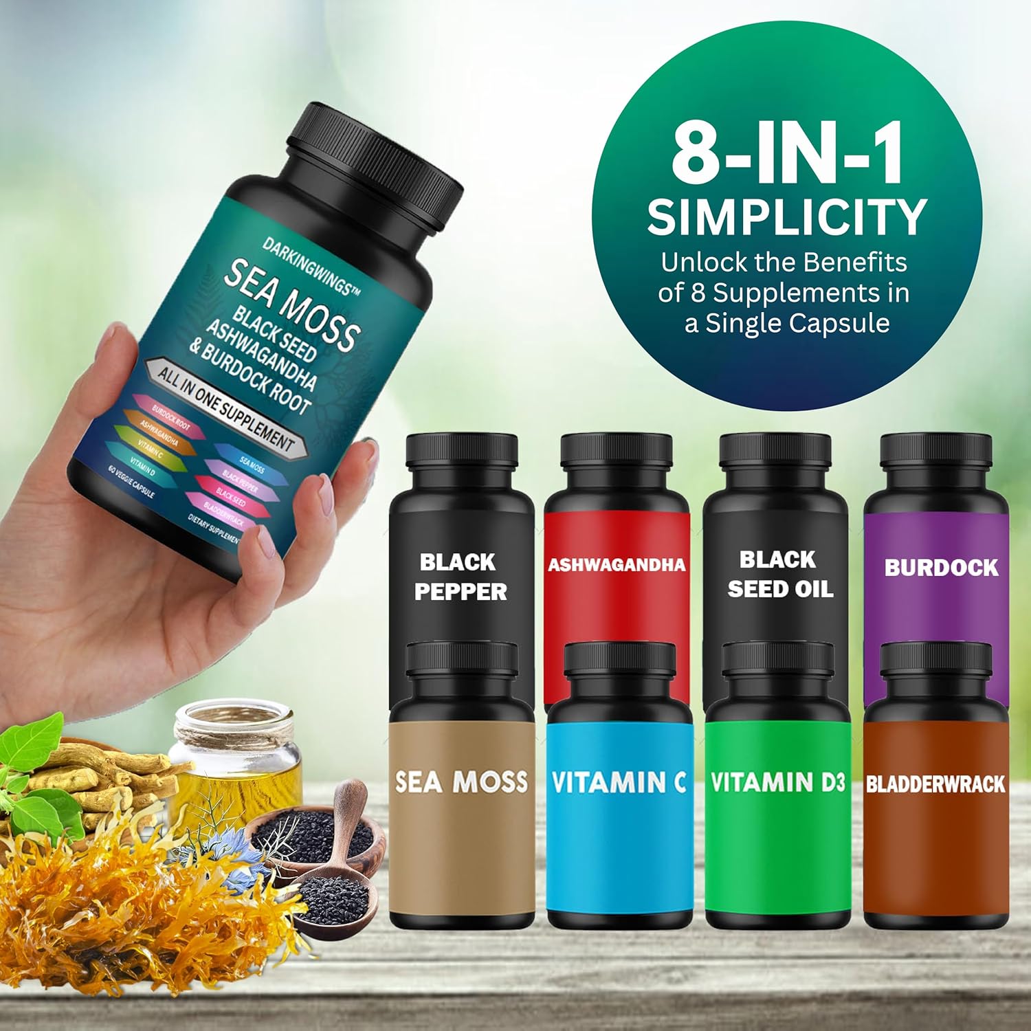 Sea Moss Advanced Supplement with Black Seed Oil, Ashwagandha, Bladderwrack, Burdock, Vitamins C&D - Immunity Support & Overall Health - 60 Capsules