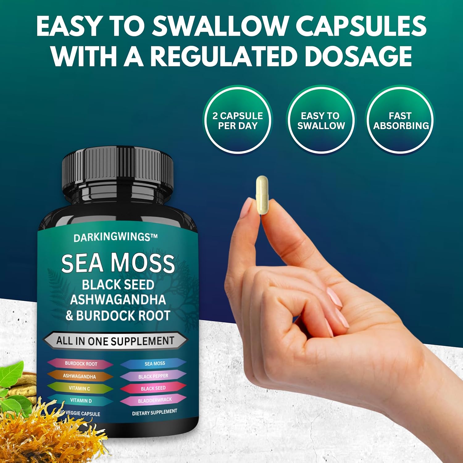 Sea Moss Advanced Supplement with Black Seed Oil, Ashwagandha, Bladderwrack, Burdock, Vitamins C&D - Immunity Support & Overall Health - 60 Capsules