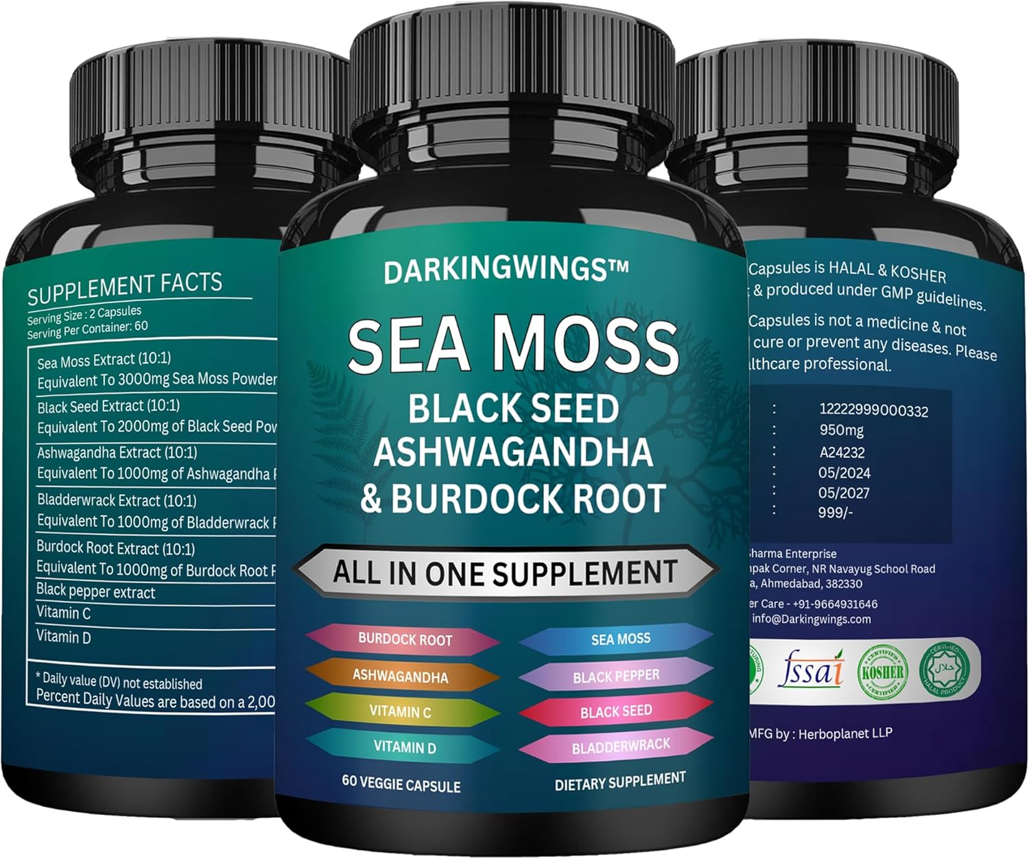 Sea Moss Advanced Supplement with Black Seed Oil, Ashwagandha, Bladderwrack, Burdock, Vitamins C&D - Immunity Support & Overall Health - 60 Capsules