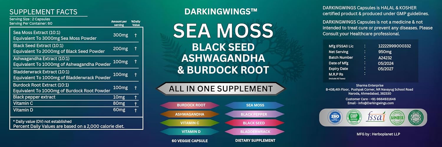 Sea Moss Advanced Supplement with Black Seed Oil, Ashwagandha, Bladderwrack, Burdock, Vitamins C&D - Immunity Support & Overall Health - 60 Capsules
