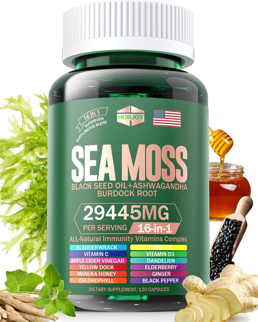 Sea Moss, Black Seed Oil, Ashwagandha, Turmeric, Bladderwrack, Burdock, Vitamin C & D3, Elderberry, Manuka, Dandelion, Yellow Dock, Iodine, Chlorophyll, ACV - Immune Support Supplement