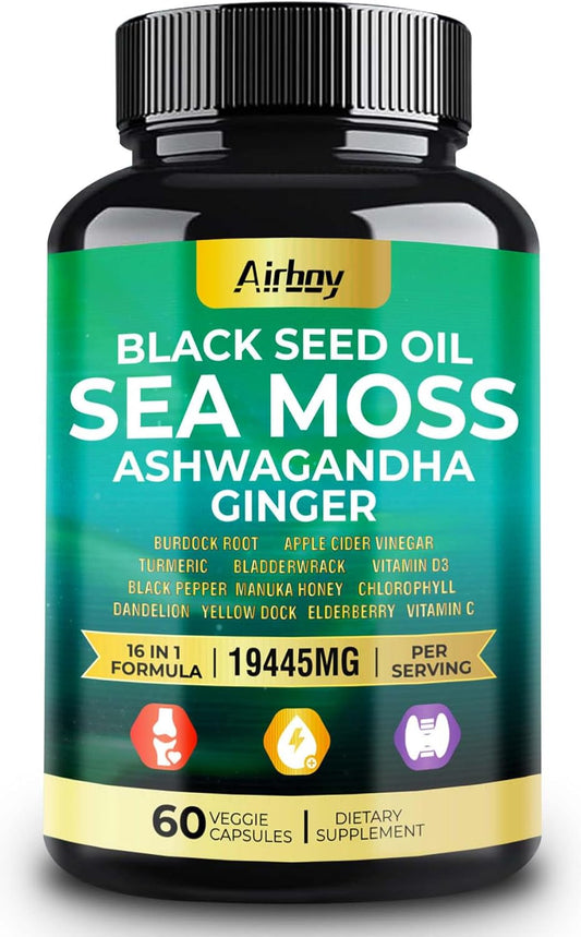 Sea Moss, Black Seed Oil, Ashwagandha, Turmeric, Bladderwrack Capsules with Ginger, Vitamin C, D3, Elderberry, Manuka, Dandelion, Yellow Dock, Chlorophyll for Men & Women