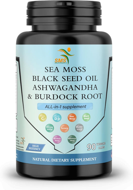 Sea Moss Black Seed Oil Ashwagandha Turmeric Bladderwrack Burdock Vitamins C & D3 Elderberry Manuka Dandelion Yellow Dock Iodine Chlorophyll ACV 5000mg Immune Support Supplement
