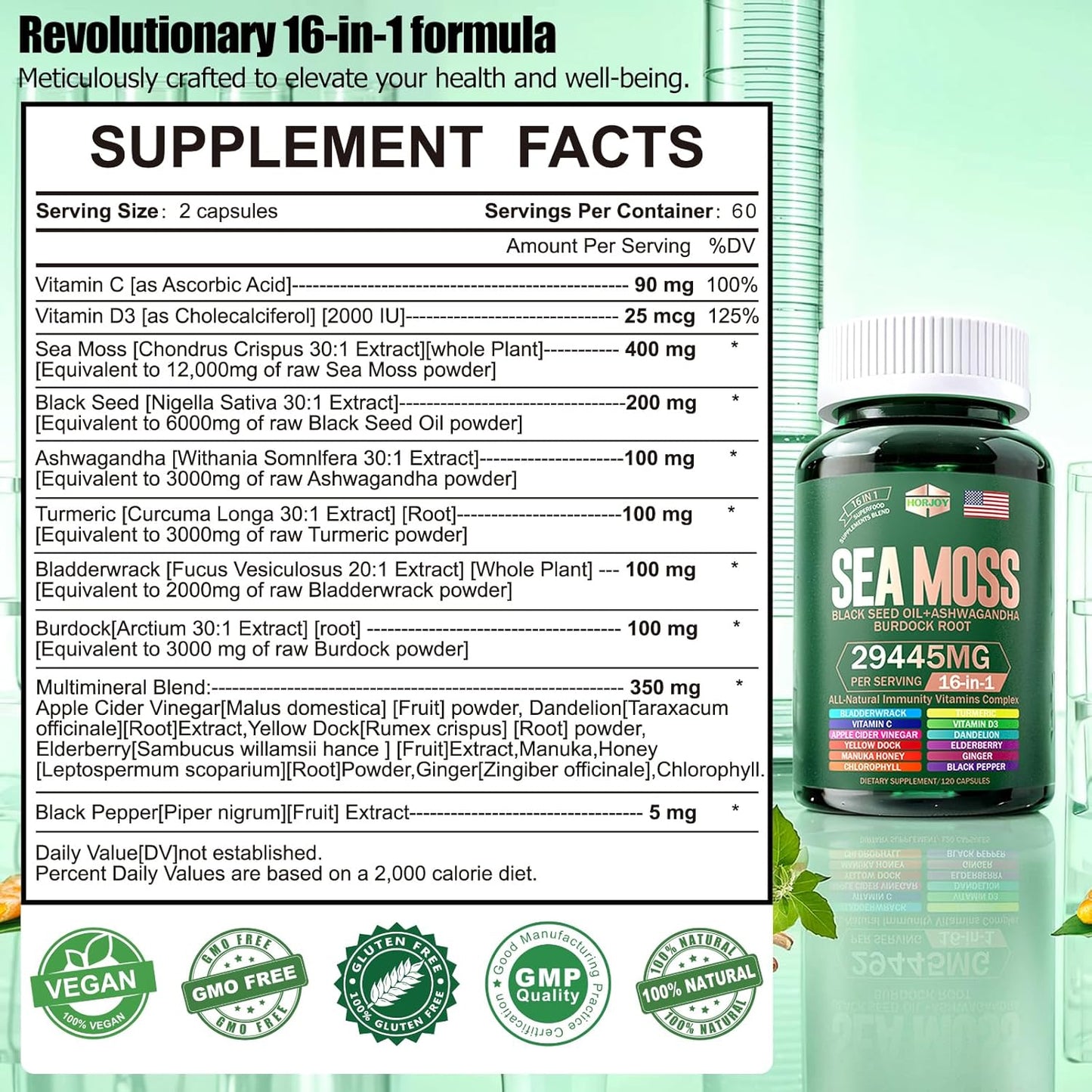 Sea Moss, Black Seed Oil, Ashwagandha, Turmeric, Bladderwrack, Burdock, Vitamin C & D3, Elderberry, Manuka, Dandelion, Yellow Dock, Iodine, Chlorophyll, ACV - Immune Support Supplement
