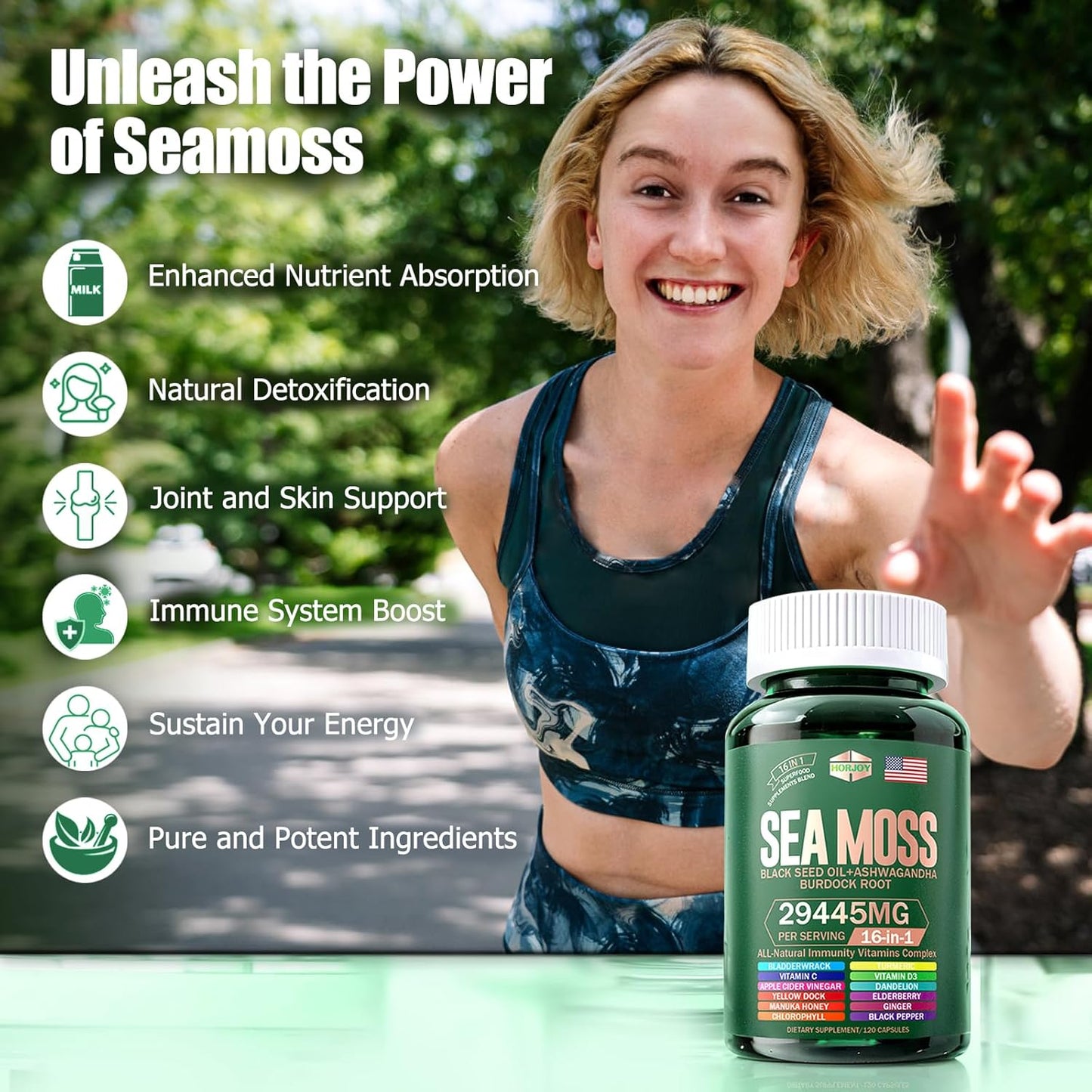 Sea Moss, Black Seed Oil, Ashwagandha, Turmeric, Bladderwrack, Burdock, Vitamin C & D3, Elderberry, Manuka, Dandelion, Yellow Dock, Iodine, Chlorophyll, ACV - Immune Support Supplement