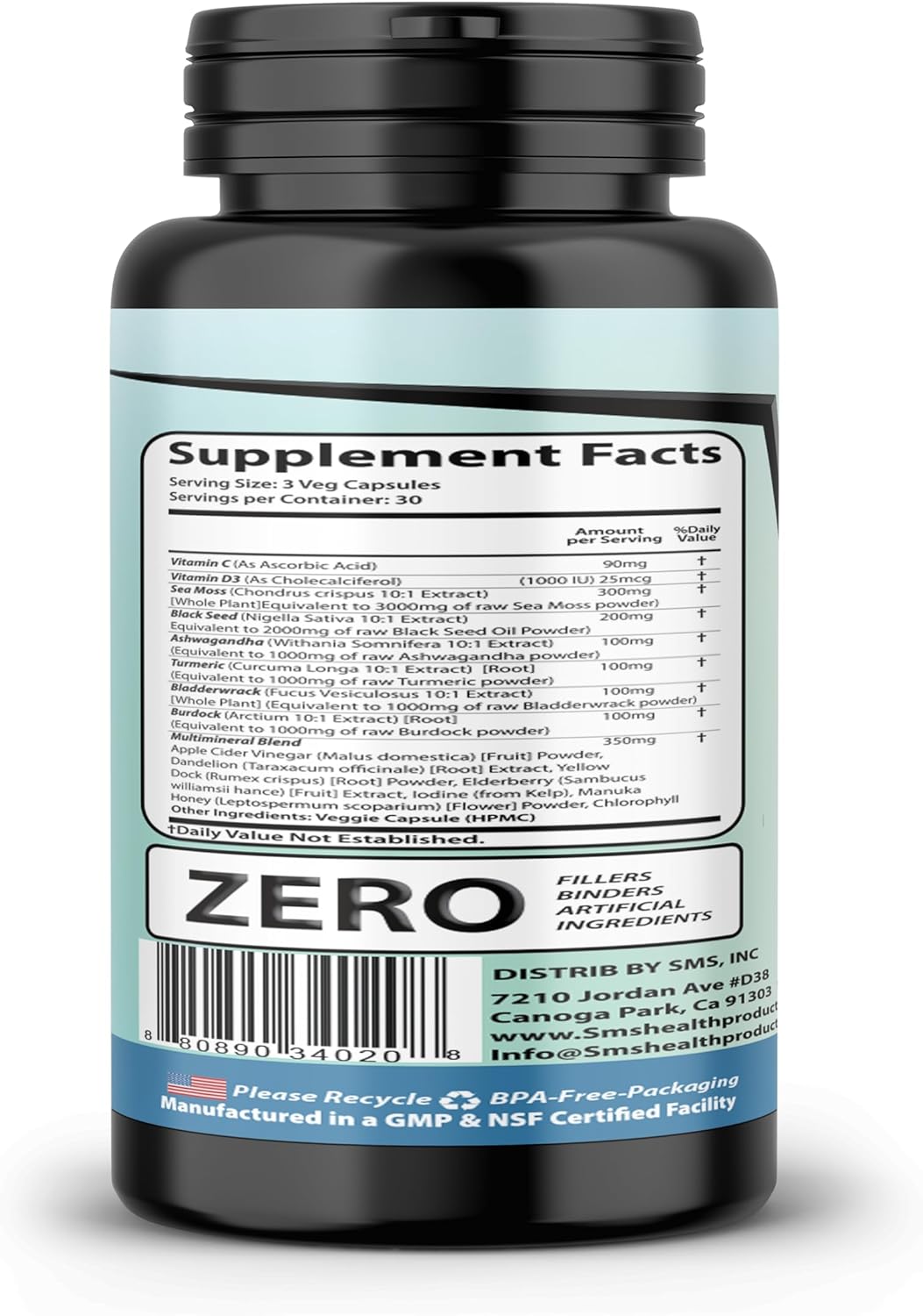 Sea Moss Black Seed Oil Ashwagandha Turmeric Bladderwrack Burdock Vitamins C & D3 Elderberry Manuka Dandelion Yellow Dock Iodine Chlorophyll ACV 5000mg Immune Support Supplement