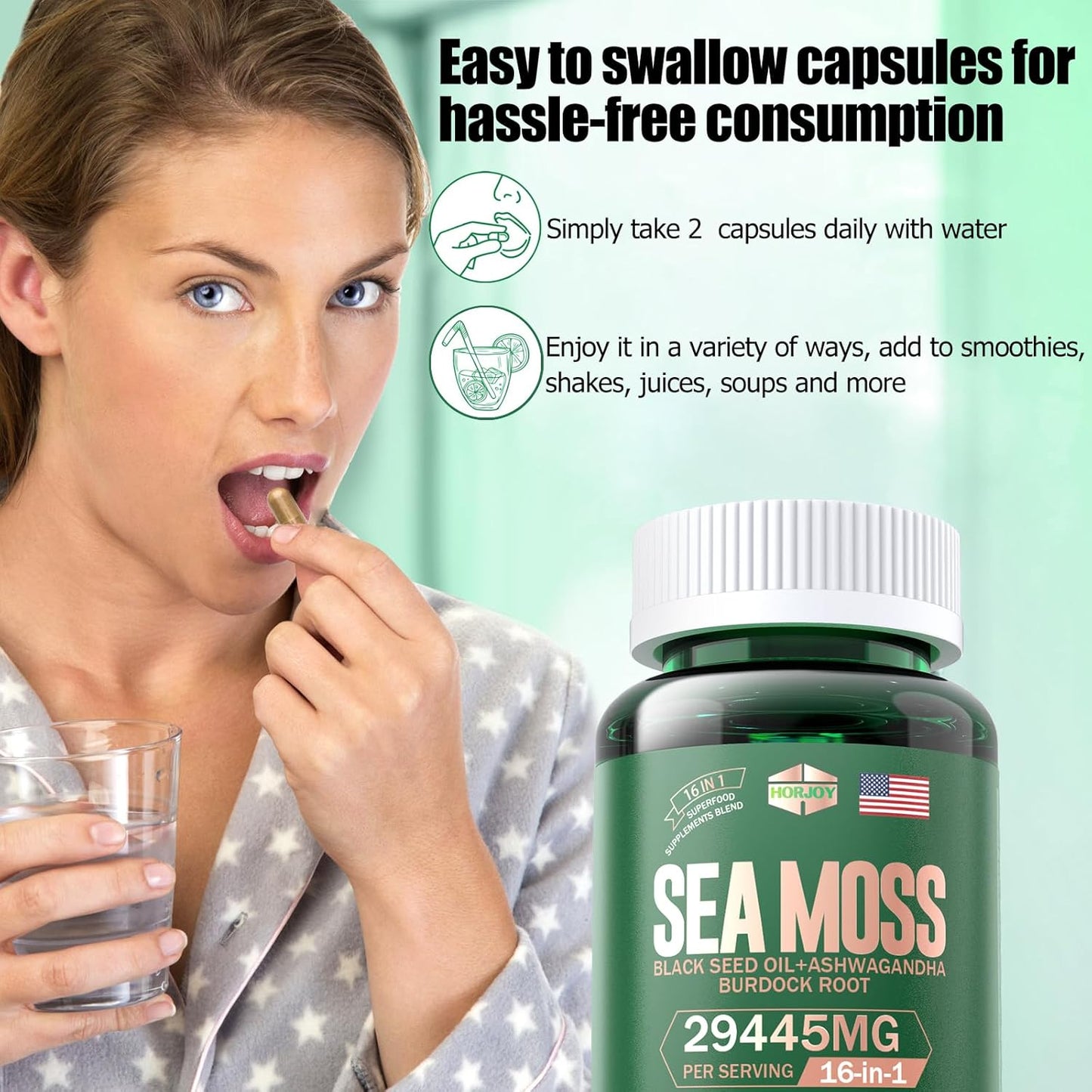 Sea Moss, Black Seed Oil, Ashwagandha, Turmeric, Bladderwrack, Burdock, Vitamin C & D3, Elderberry, Manuka, Dandelion, Yellow Dock, Iodine, Chlorophyll, ACV - Immune Support Supplement