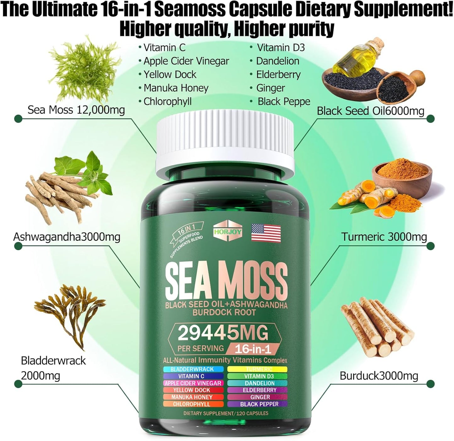 Sea Moss, Black Seed Oil, Ashwagandha, Turmeric, Bladderwrack, Burdock, Vitamin C & D3, Elderberry, Manuka, Dandelion, Yellow Dock, Iodine, Chlorophyll, ACV - Immune Support Supplement