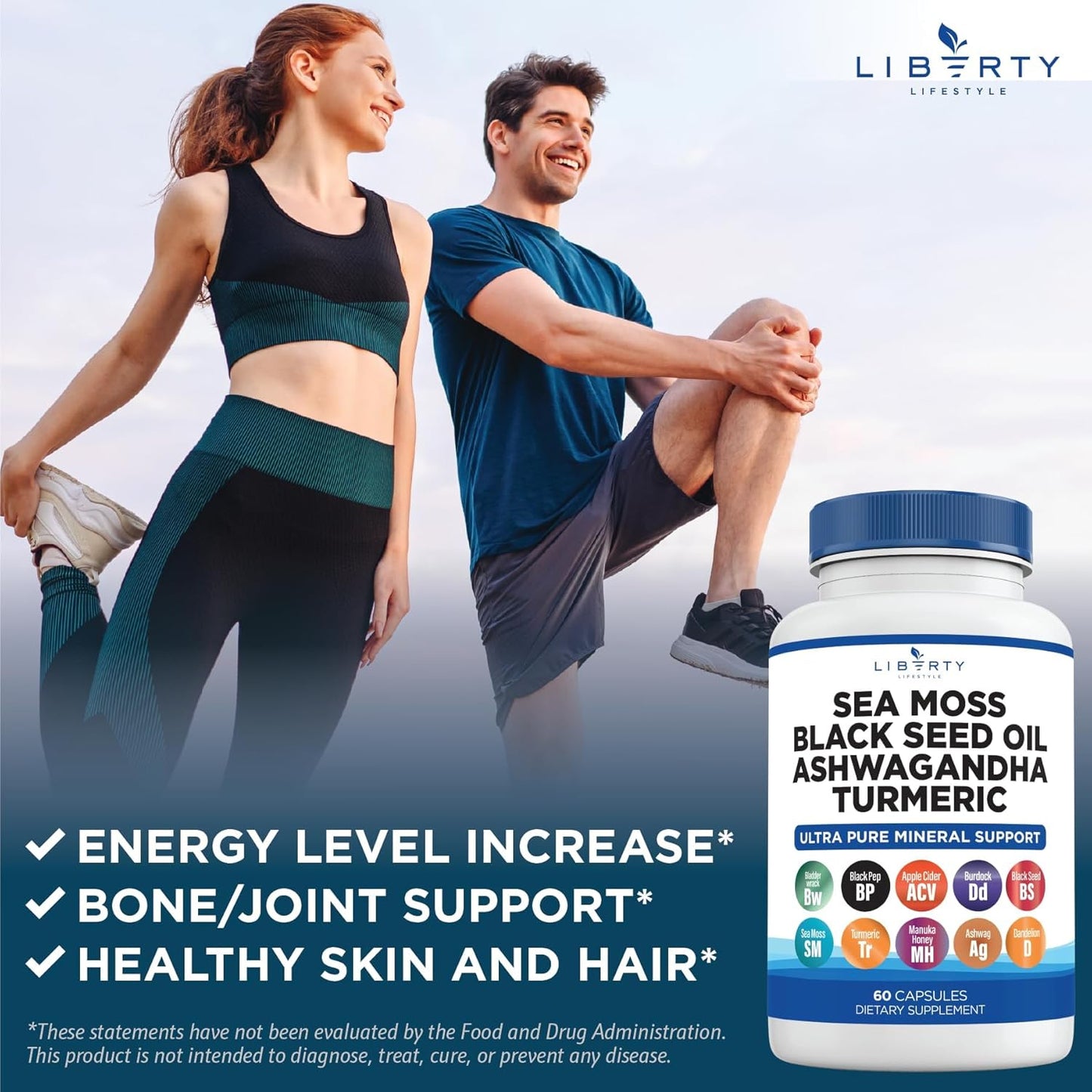 Sea Moss Black Seed Oil Ashwagandha Turmeric Bladderwrack Burdock Capsules with Manuka Honey Dandelion ACV Black Pepper - Gluten Free - 2-Pack
