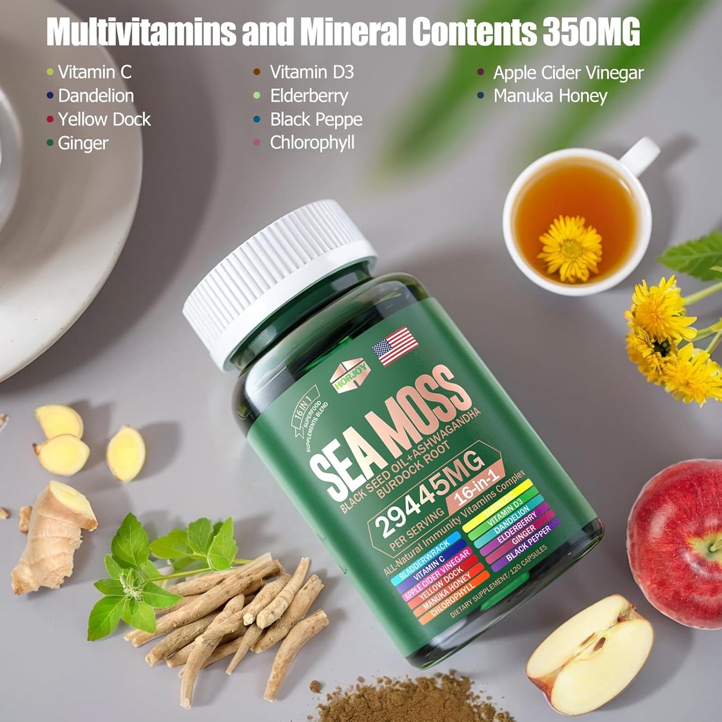 Sea Moss, Black Seed Oil, Ashwagandha, Turmeric, Bladderwrack, Burdock, Vitamin C & D3, Elderberry, Manuka, Dandelion, Yellow Dock, Iodine, Chlorophyll, ACV - Immune Support Supplement