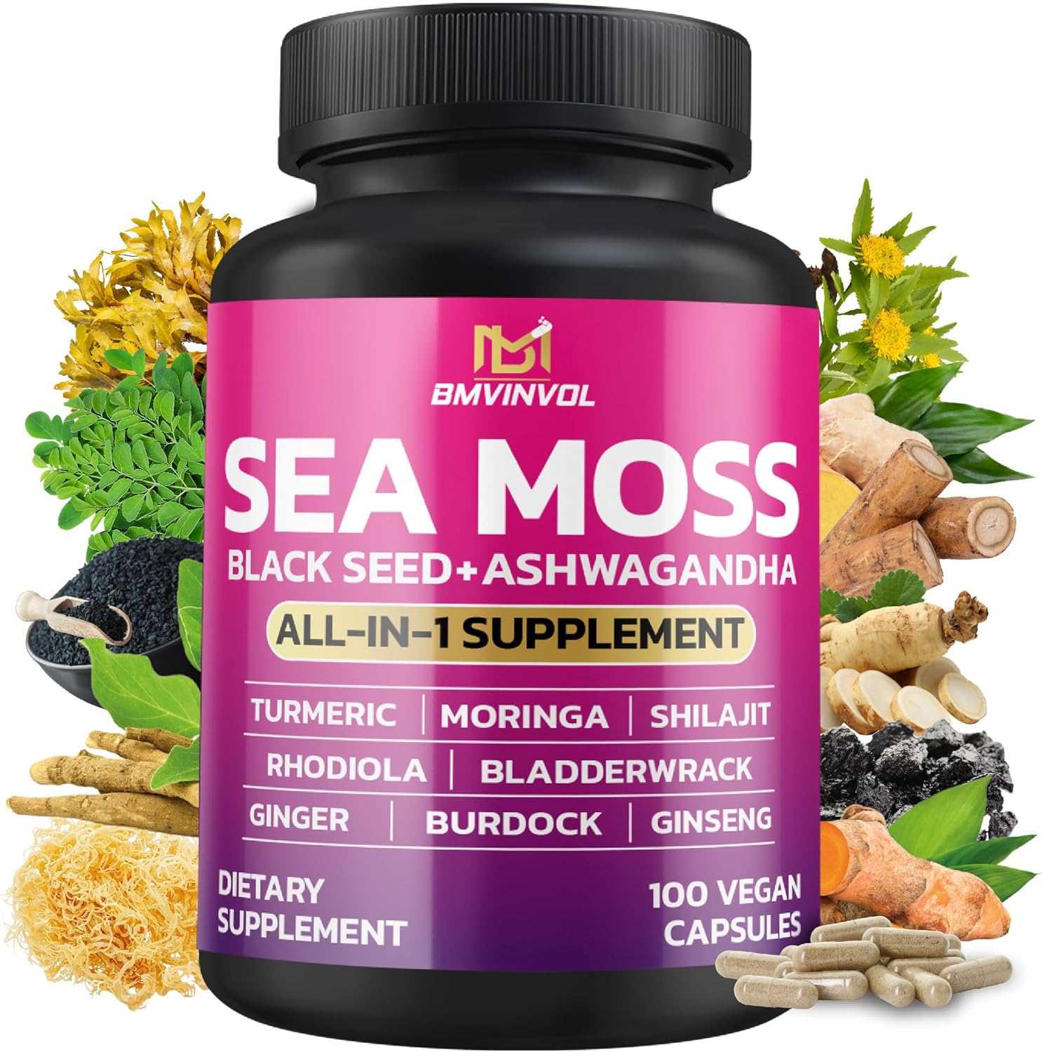 Sea Moss Black Seed Shilajit Ashwagandha Capsules with Bladderwrack, Ginger, Moringa, Turmeric, Burdock, Ginseng, Rhodiola Rosea
